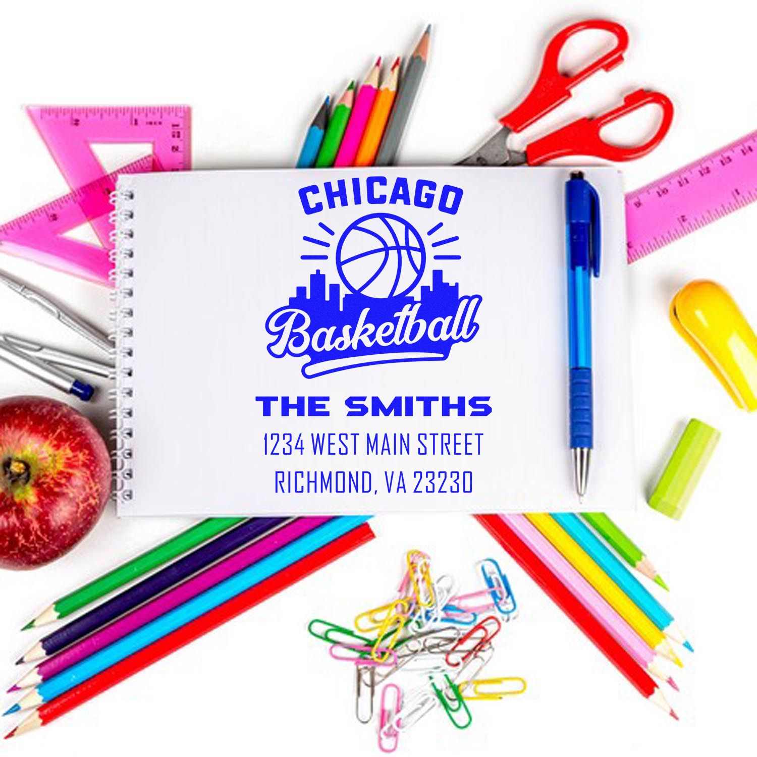 Custom Chicago basketball address rubber stamp for The Smiths, ideal for personalized school supplies and fan stationery.