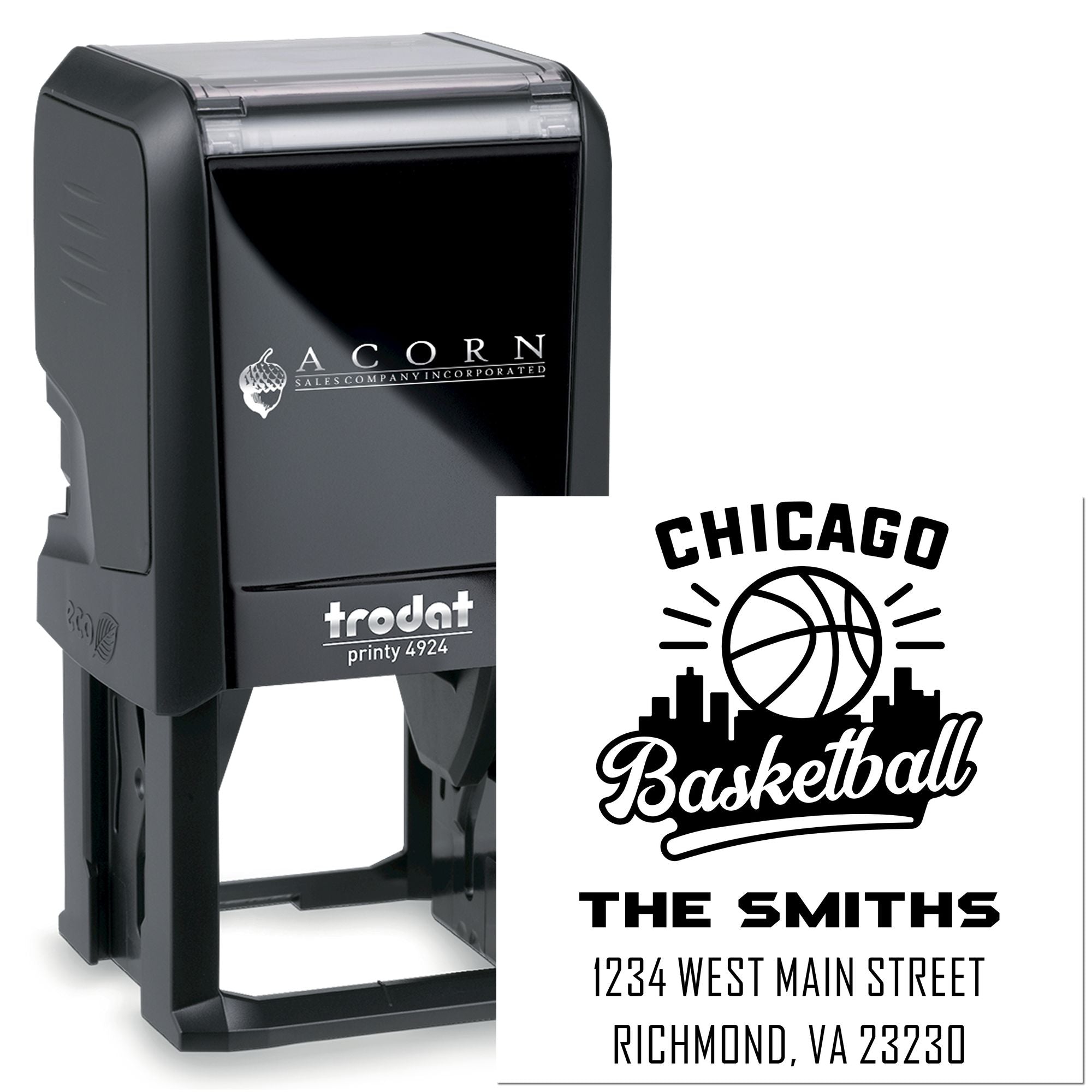 Trodat self-inking rubber stamp with custom basketball address design for personalized family mailing.