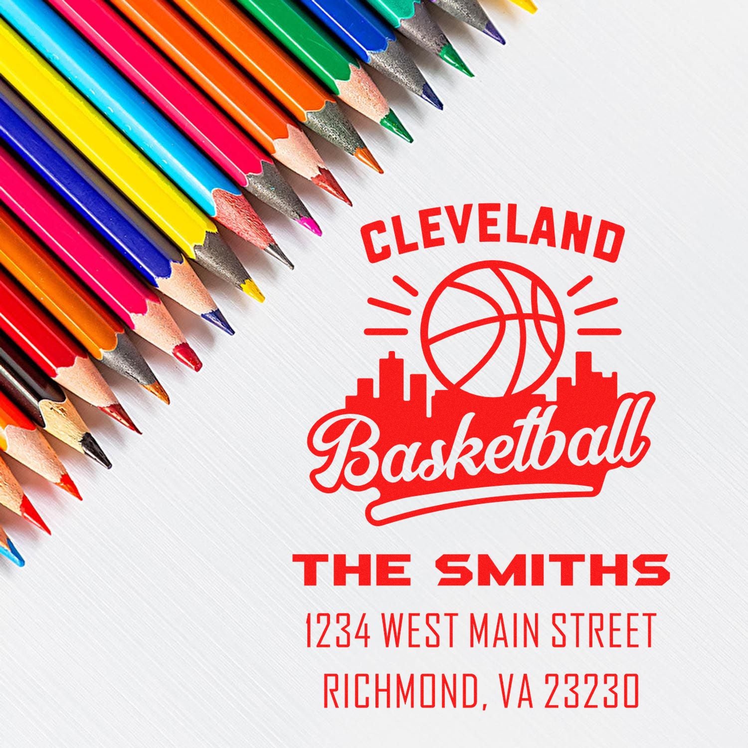 Custom Cleveland Basketball rubber stamp for The Smiths, featuring name and address for personalized branding.