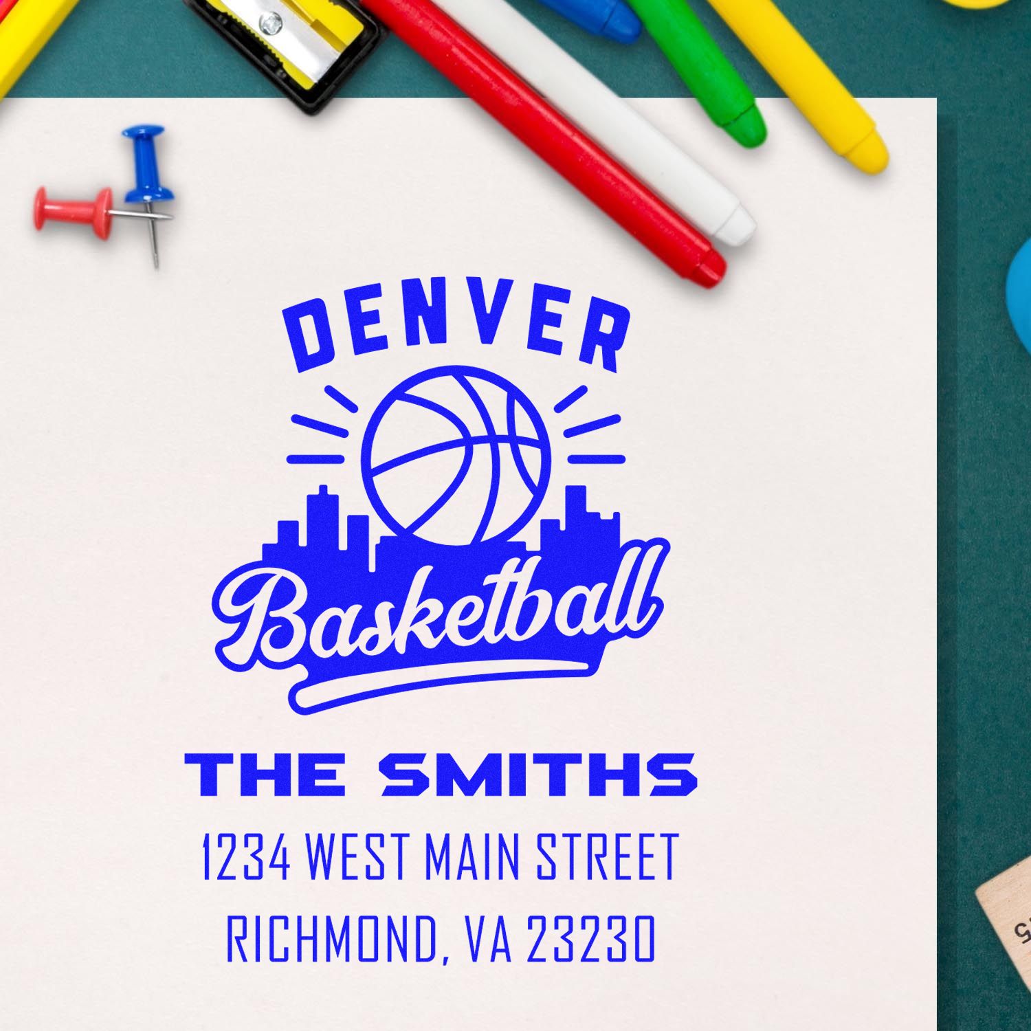 Custom Denver Basketball rubber stamp for The Smiths, with name and address in a personalized return imprint.