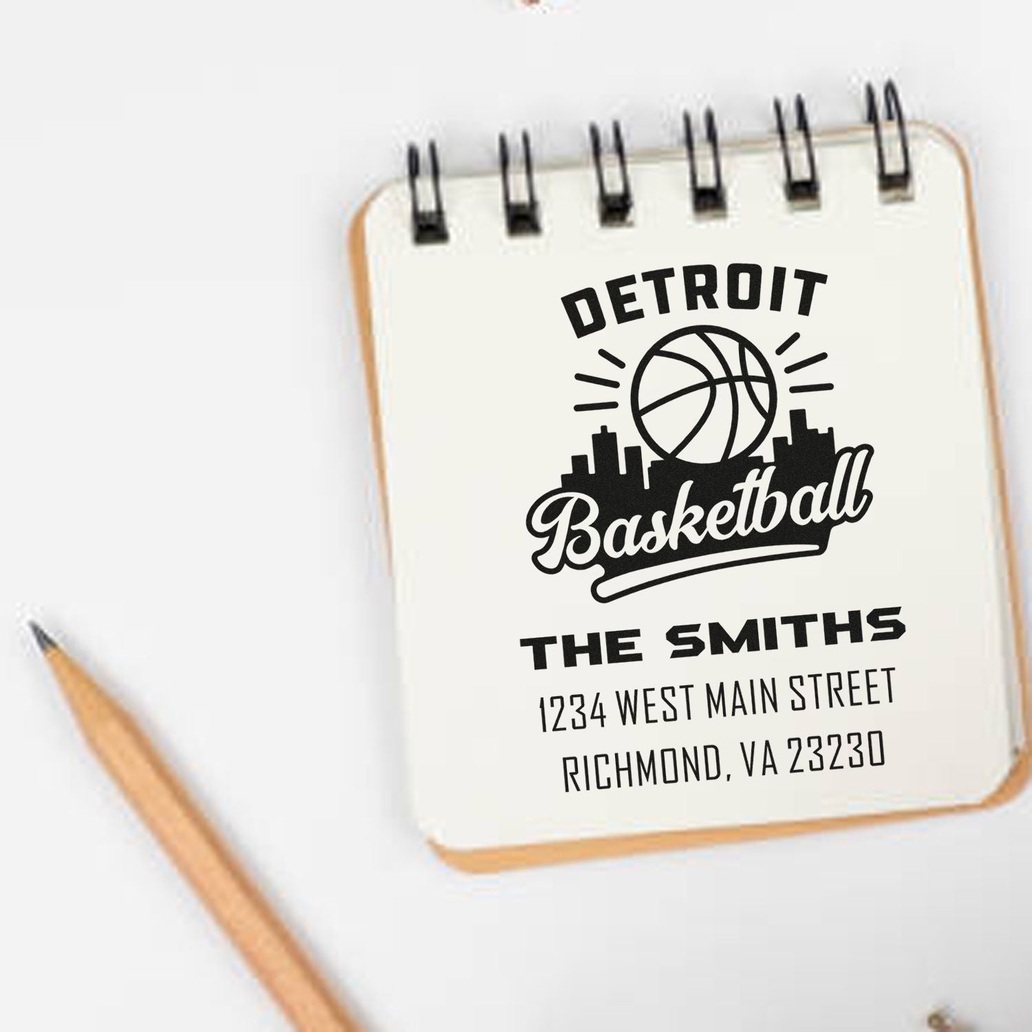 Custom Detroit Basketball personalized address rubber stamp for The Smiths, featuring Richmond, VA return address.