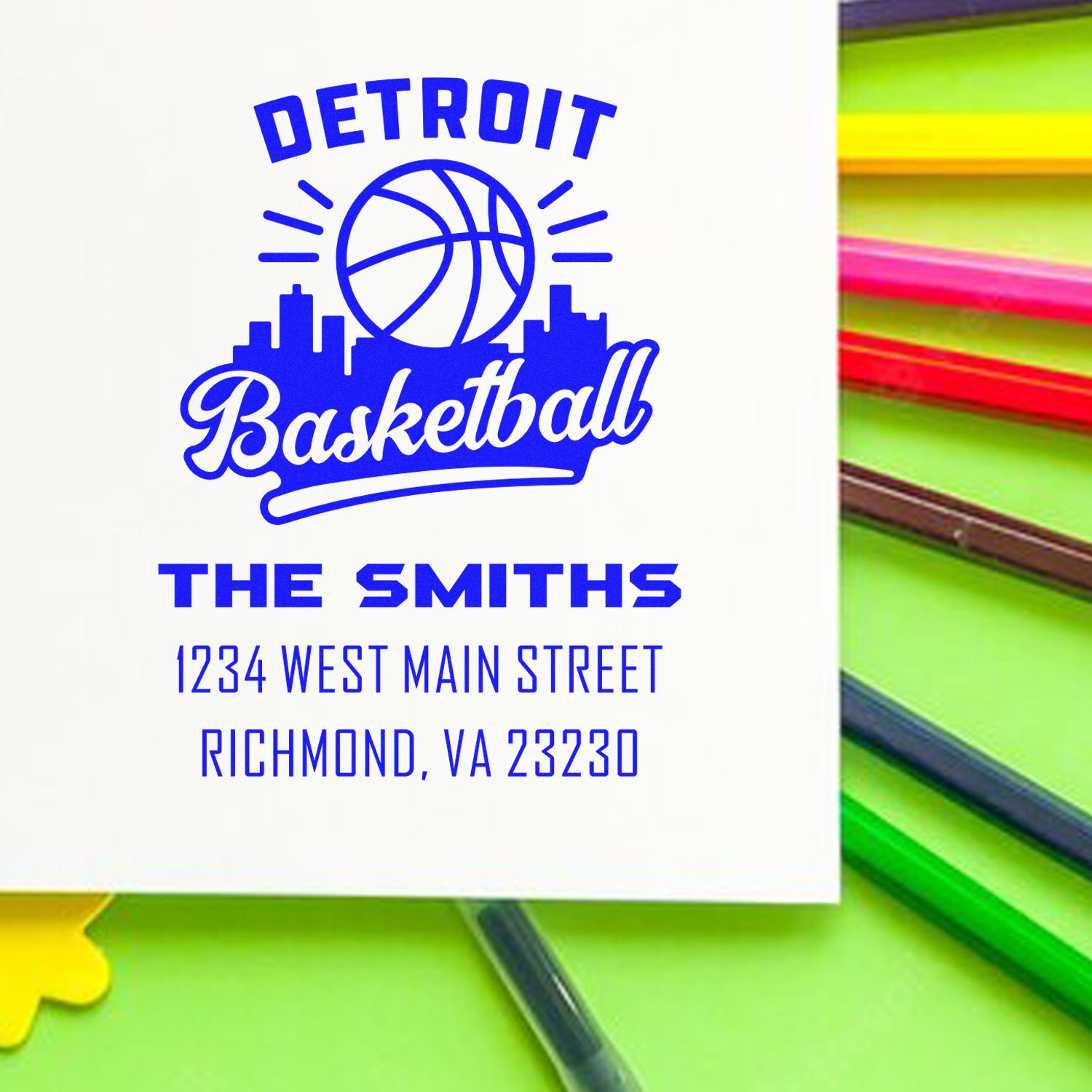 Custom Detroit basketball return address rubber stamp for The Smiths, Richmond, VA 23230.