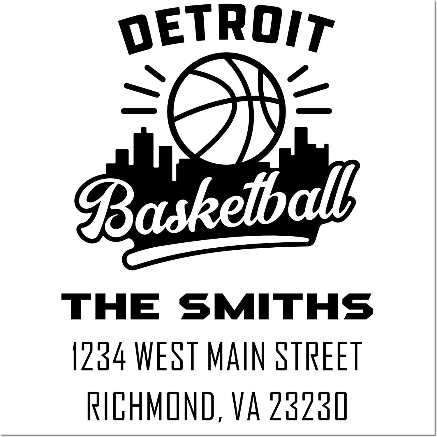 Custom Detroit Basketball rubber stamp for The Smiths, featuring 1234 West Main Street, Richmond, VA 23230.