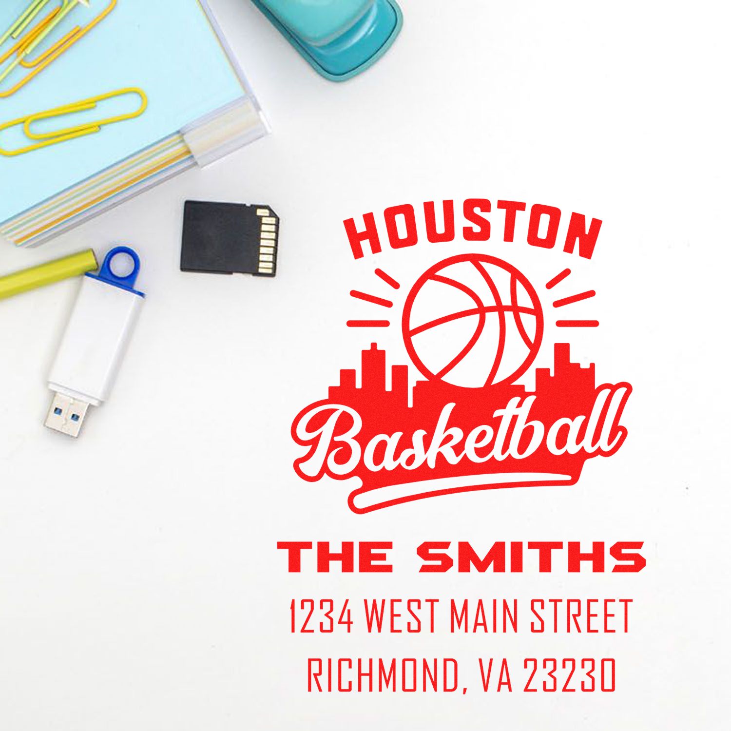 Custom Houston Basketball return address rubber stamp for The Smiths, Richmond, VA 23230
