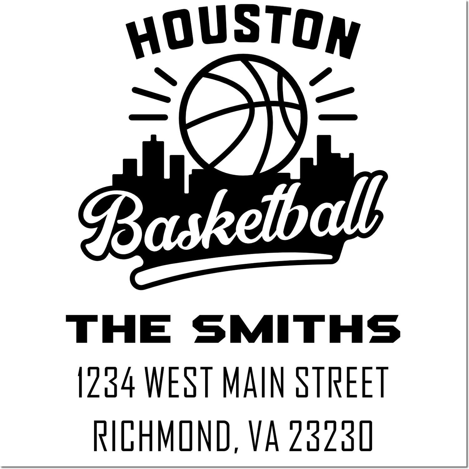 Custom Houston basketball address rubber stamp for The Smiths, 1234 West Main Street, Richmond, VA 23230.