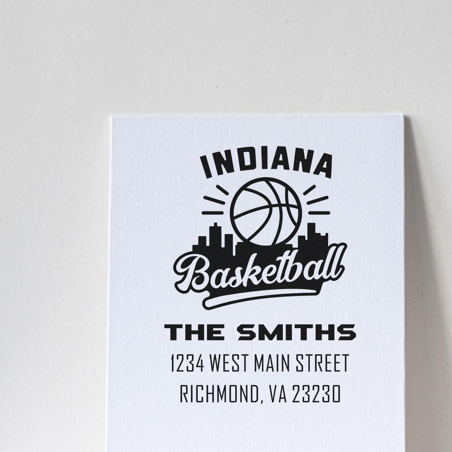 Custom Indiana basketball rubber stamp for The Smiths, with personalized name and Richmond, VA return address.