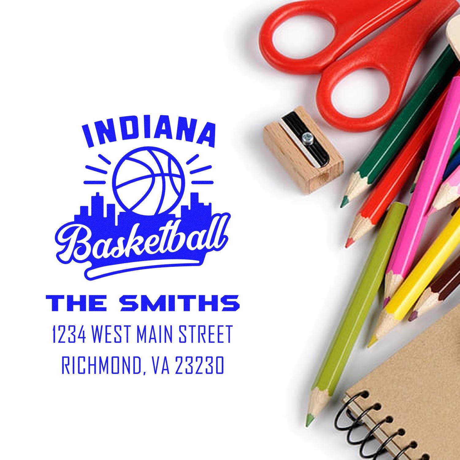 Custom Indiana basketball return address rubber stamp for The Smiths, ideal for personalized envelopes, school projects, and crafts.