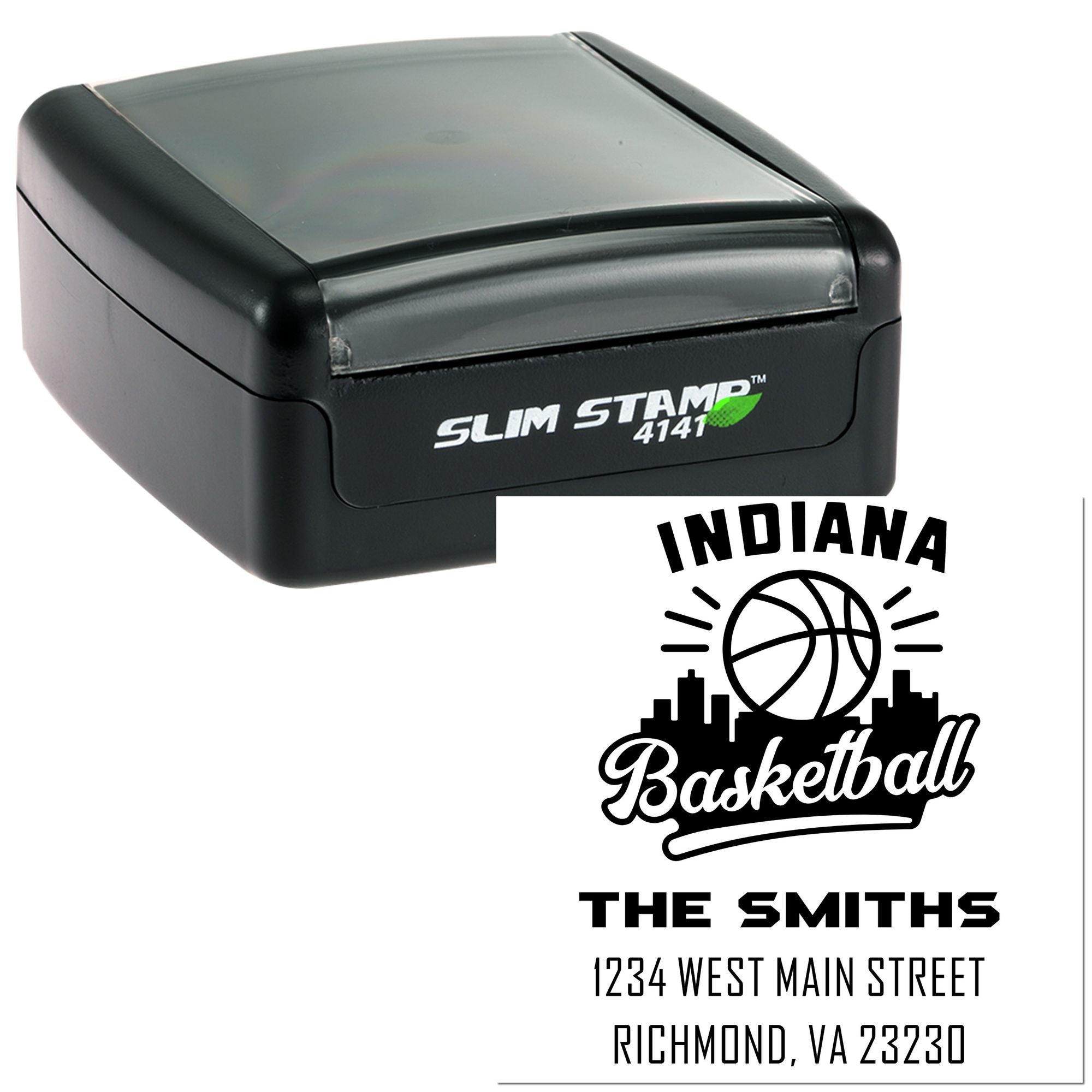 Slim Stamp custom rubber address stamp with basketball design for The Smiths, Richmond, VA.