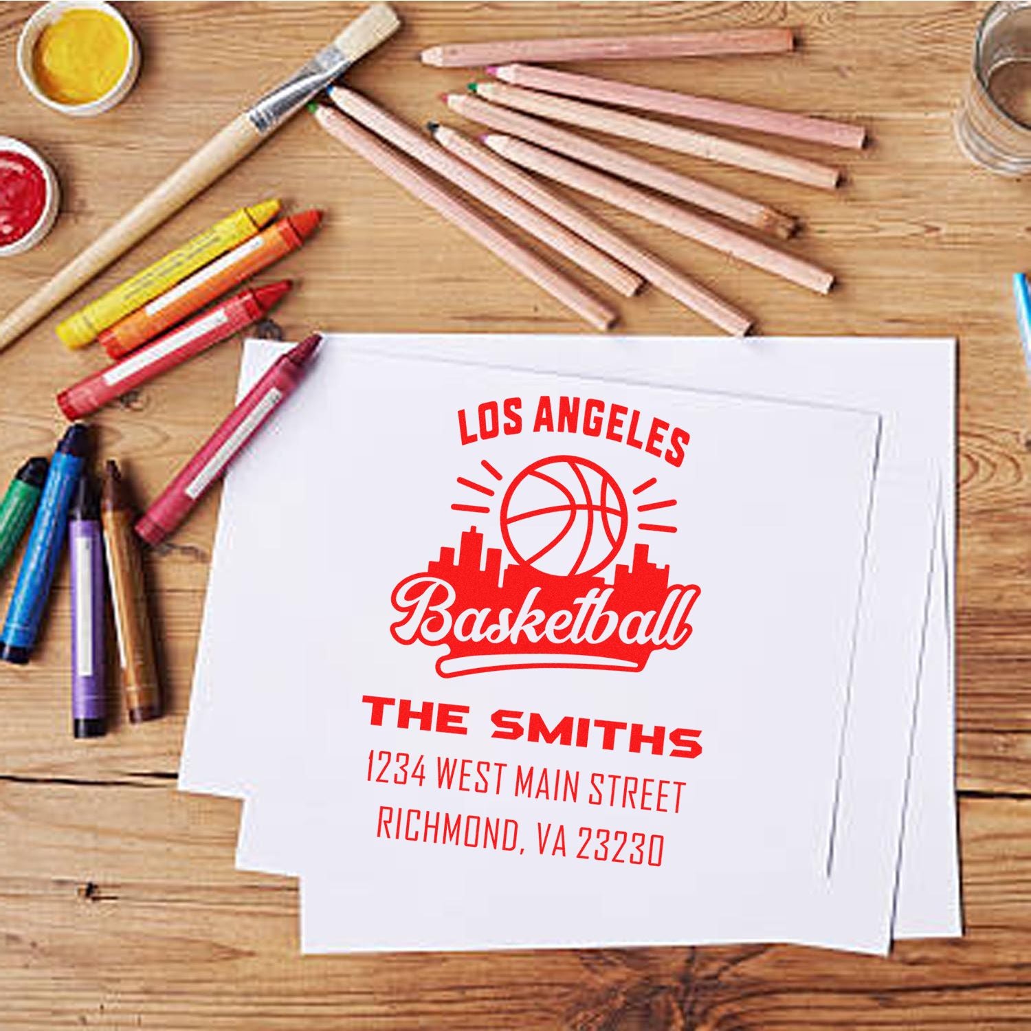 Custom basketball rubber stamp for The Smiths with Los Angeles and address, ideal for personalized stationery and craft projects.