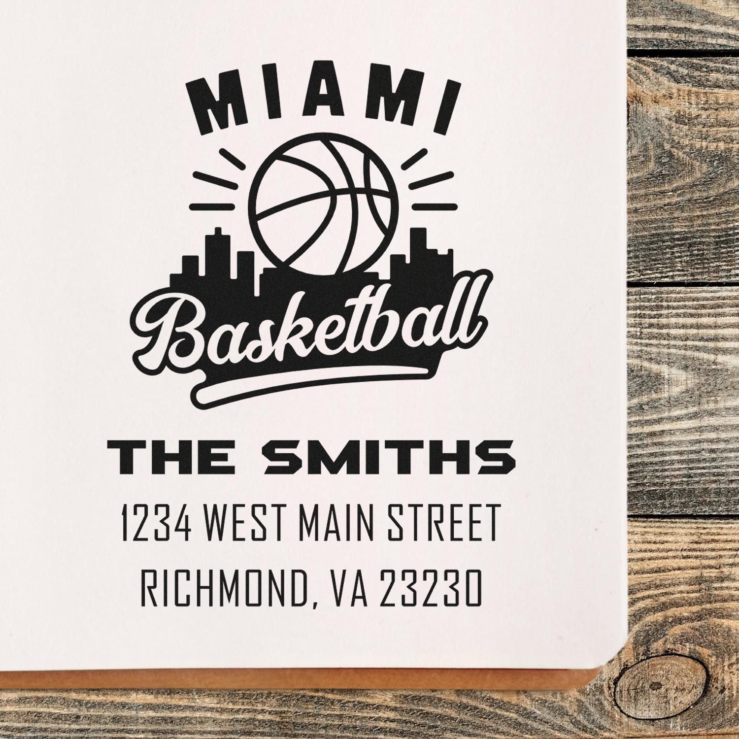 Custom Miami basketball rubber stamp for The Smiths, featuring a basketball logo, city skyline, and Richmond, VA 23230 address.