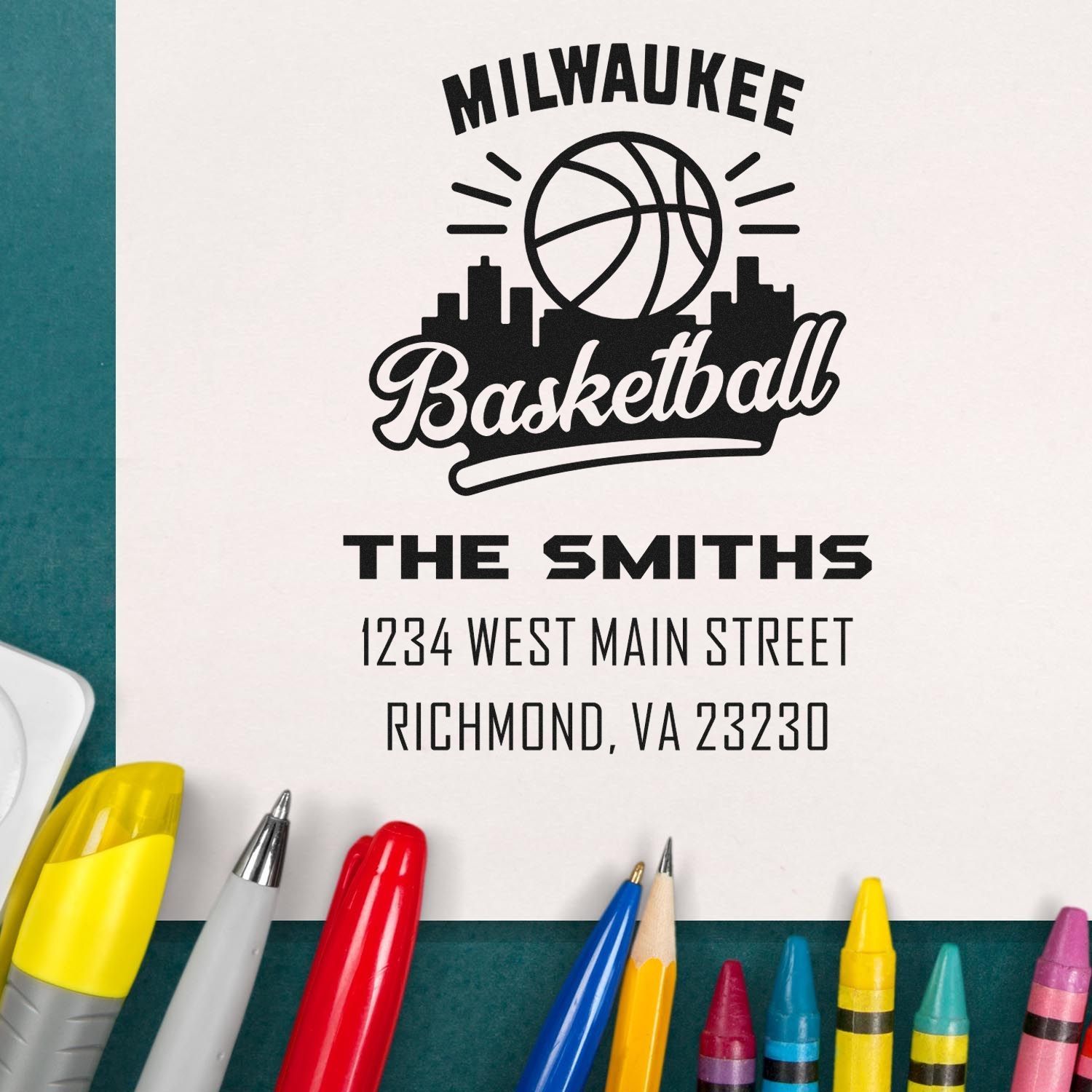 Personalized basketball-themed rubber stamp with Milwaukee city design, family name, and address for custom stationery.