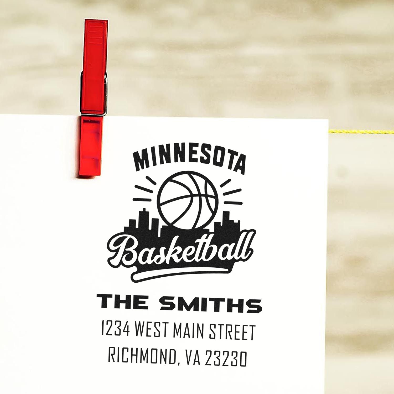 Custom Minnesota basketball return address rubber stamp for The Smiths with personalized name and address stamp design