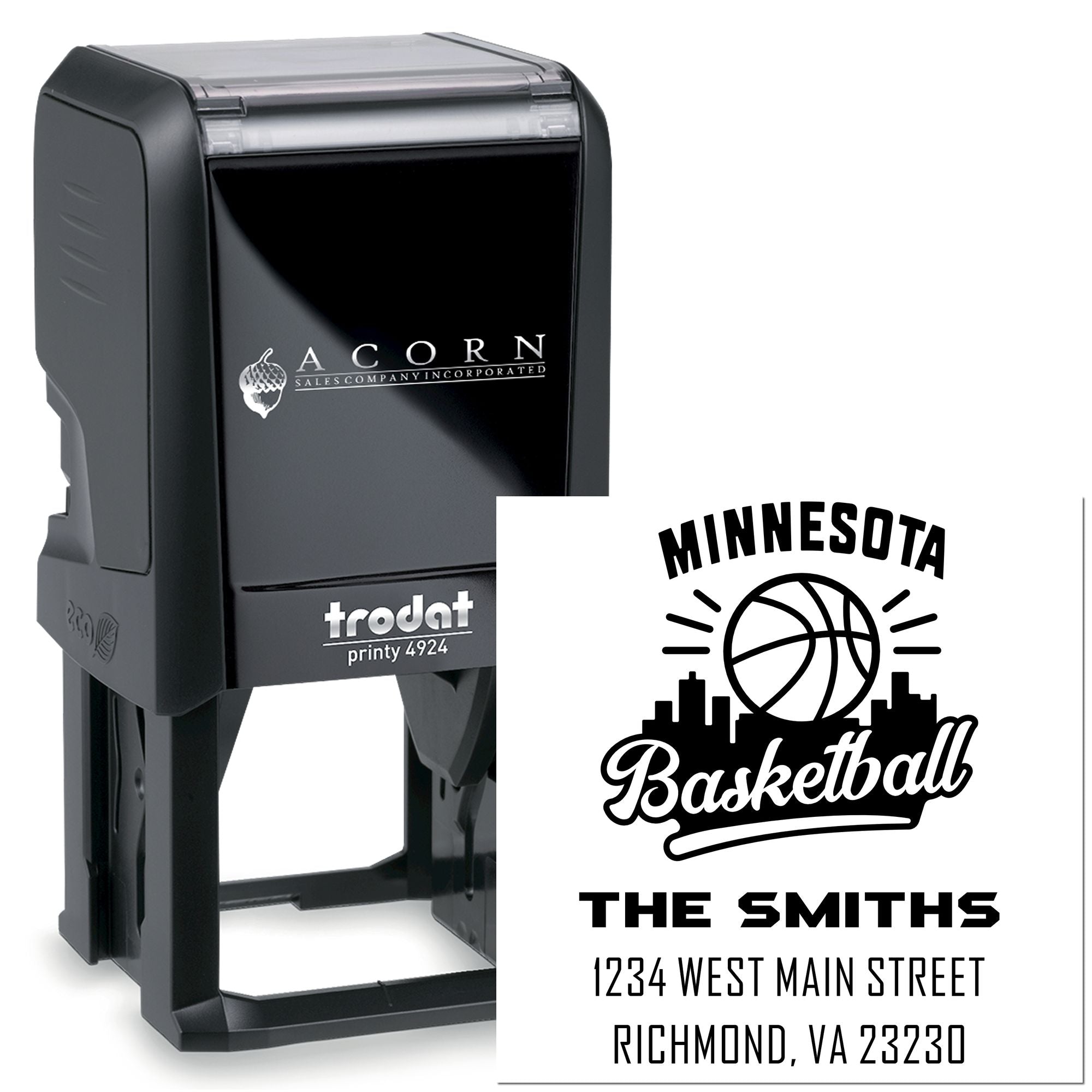 Trodat Printy 4924 custom self-inking rubber stamp with basketball design and return address imprint for personalized mailings.