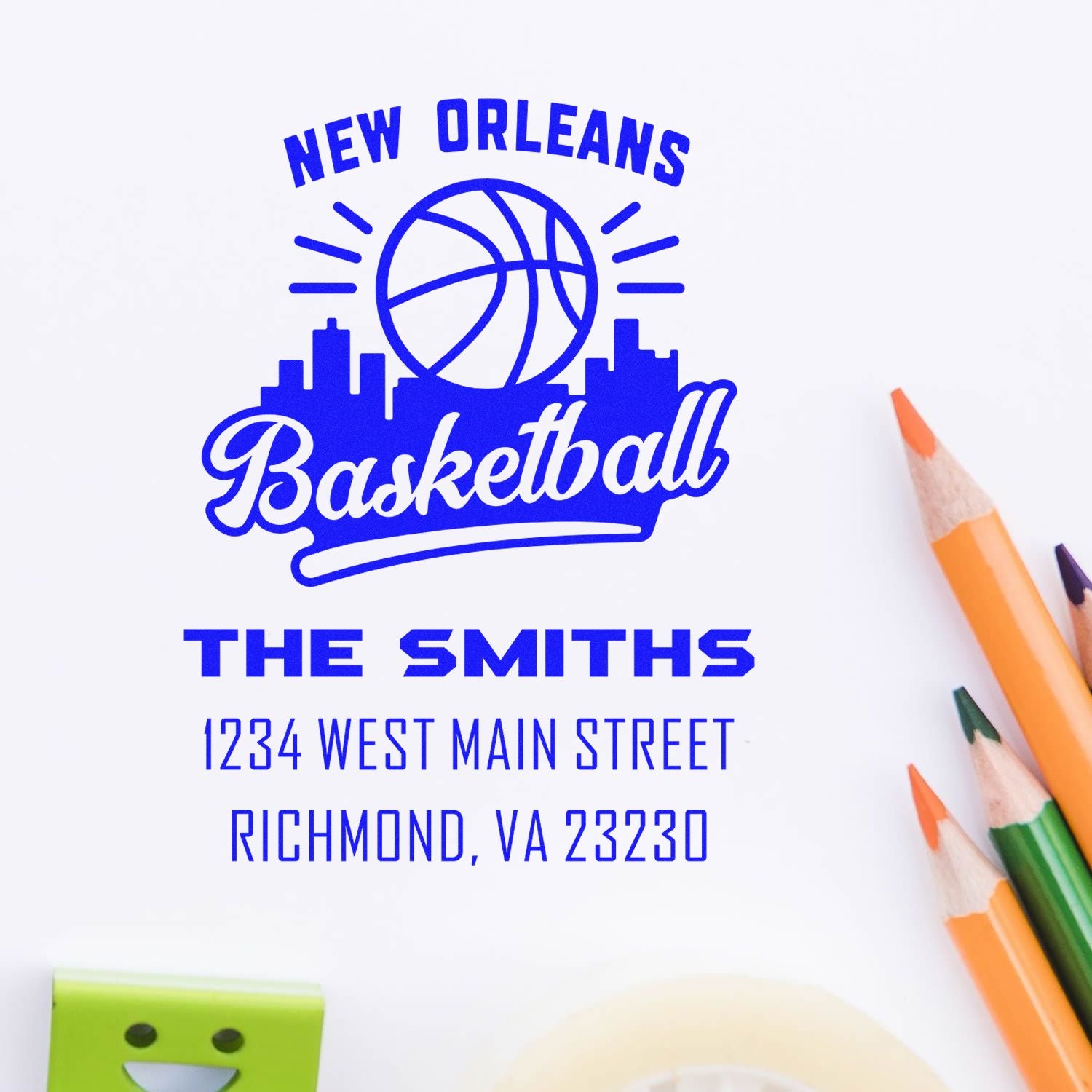 Custom New Orleans basketball address rubber stamp for The Smiths, 1234 West Main Street, Richmond, VA 23230.