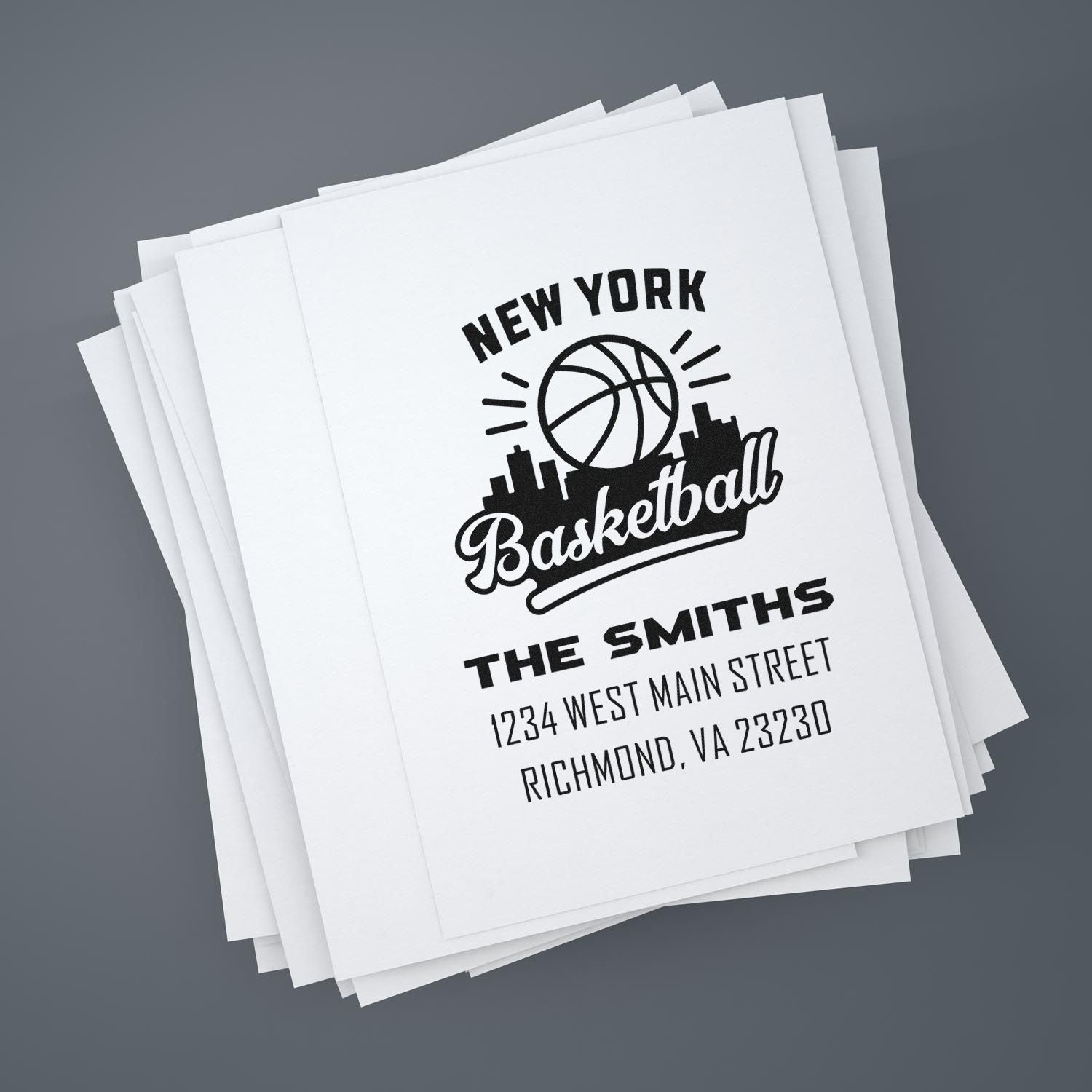 Custom basketball return address rubber stamp for The Smiths with New York basketball logo and Richmond, VA address.