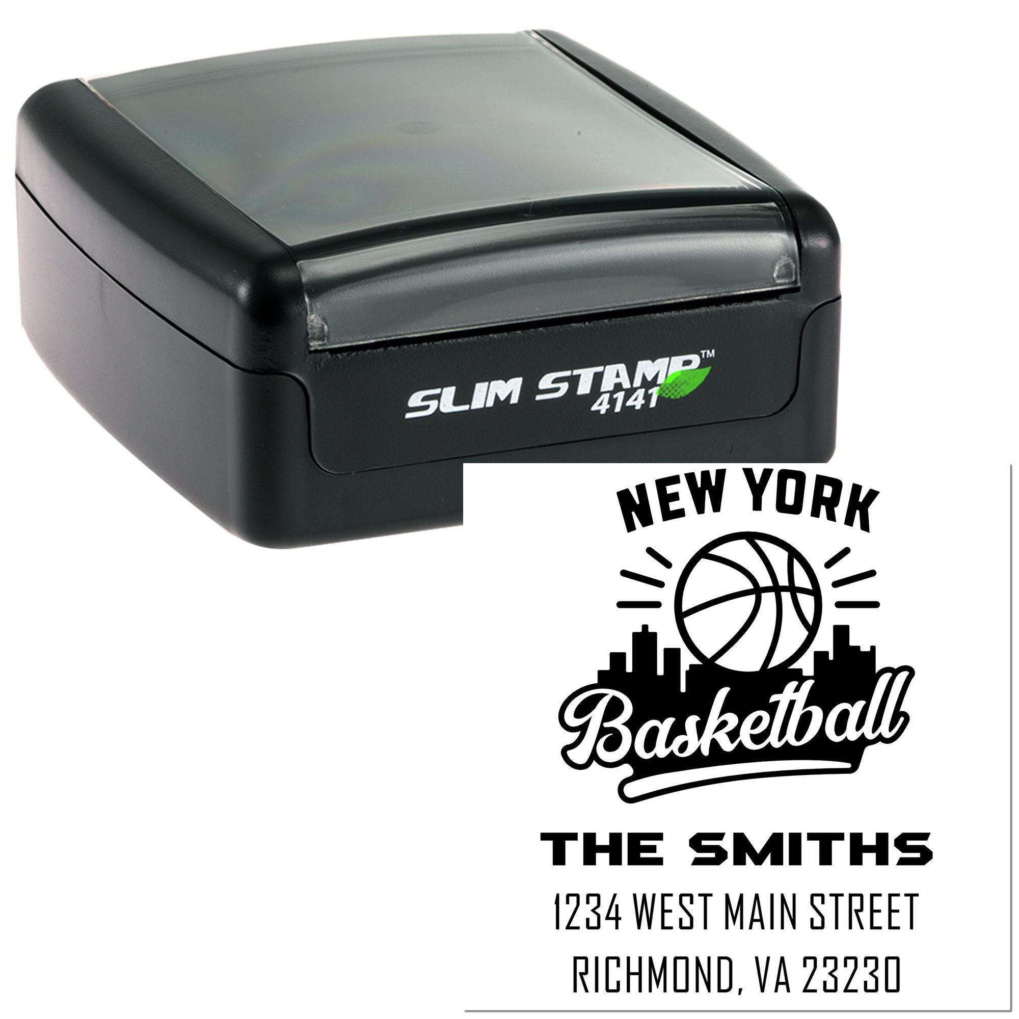 Custom self-inking rubber stamp with New York Basketball family address design and Slim Stamp 4141 case.