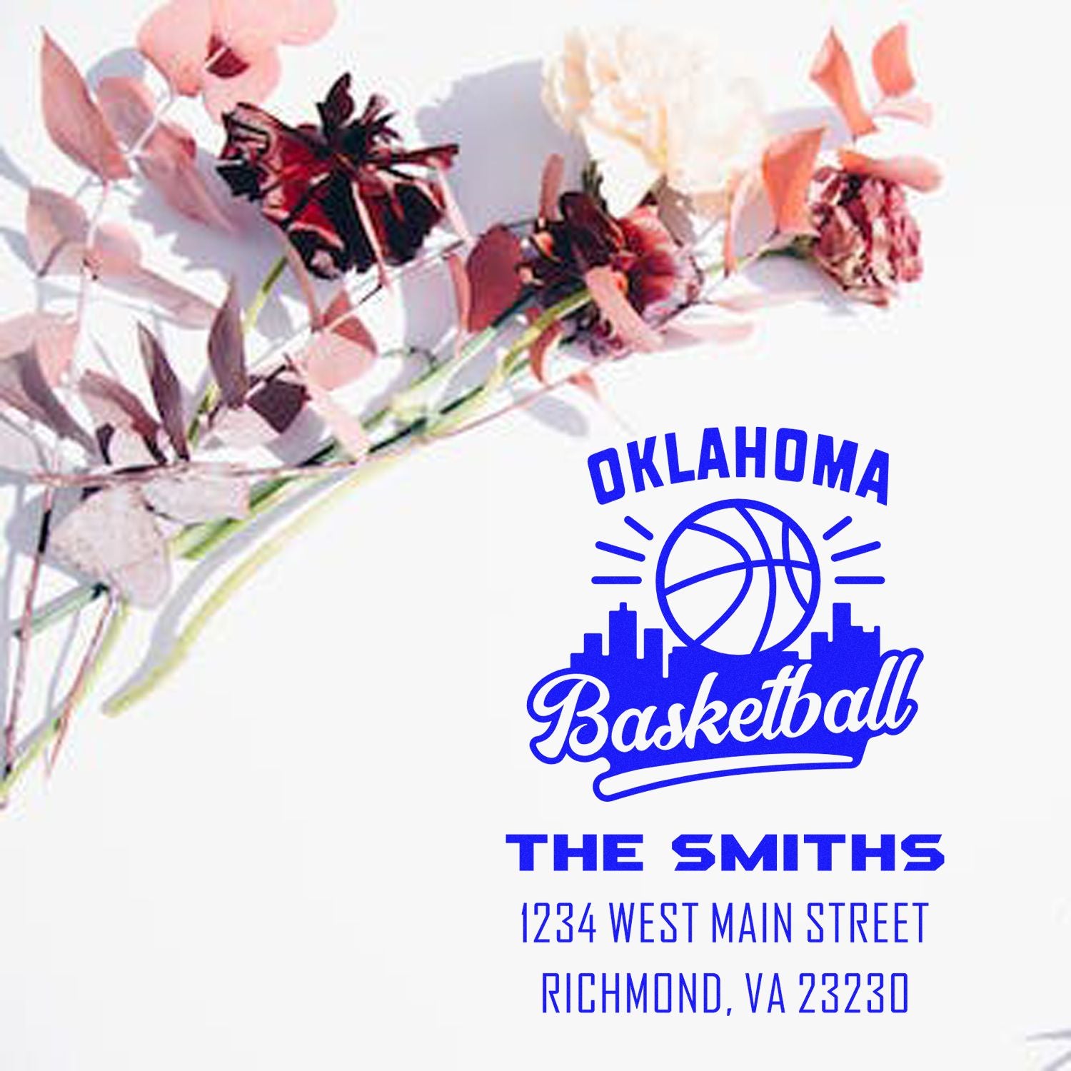 Custom Oklahoma Basketball rubber stamp for The Smiths, with address and blue logo, shown on a floral wedding-style card.