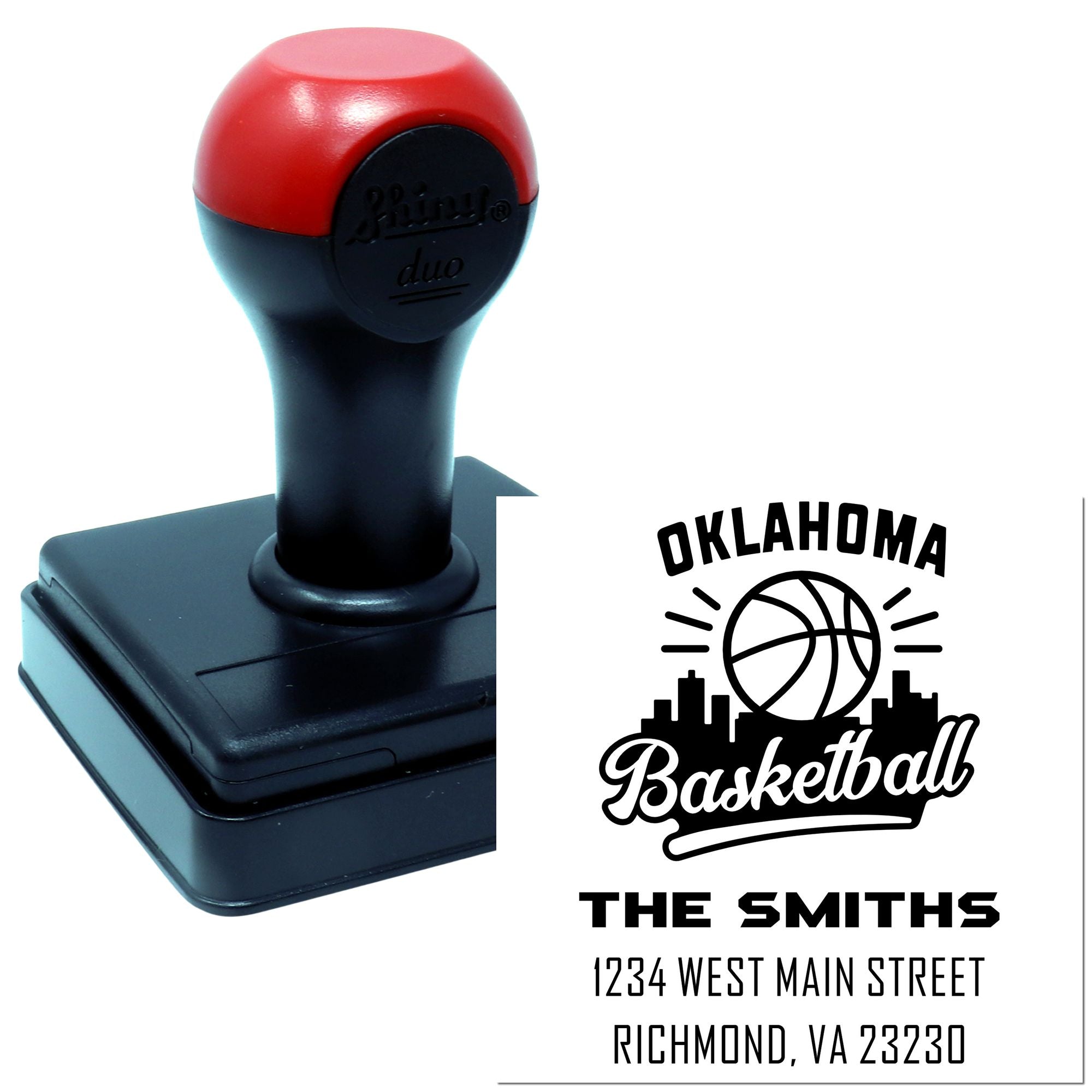 Custom self-inking basketball address rubber stamp for The Smiths, featuring Oklahoma design and Richmond, VA address.