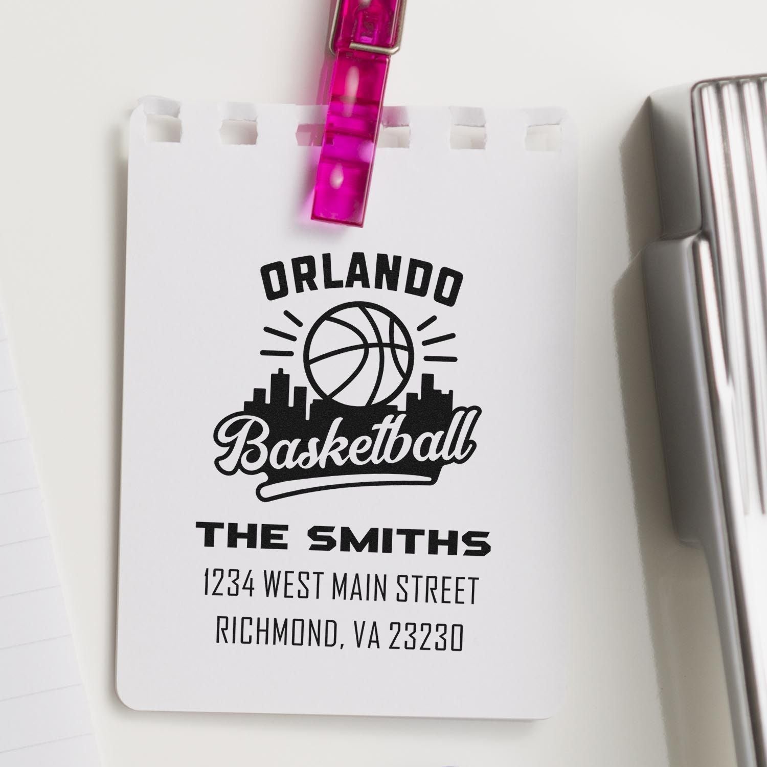 Custom Orlando basketball rubber stamp with The Smiths return address for personalized mailing.