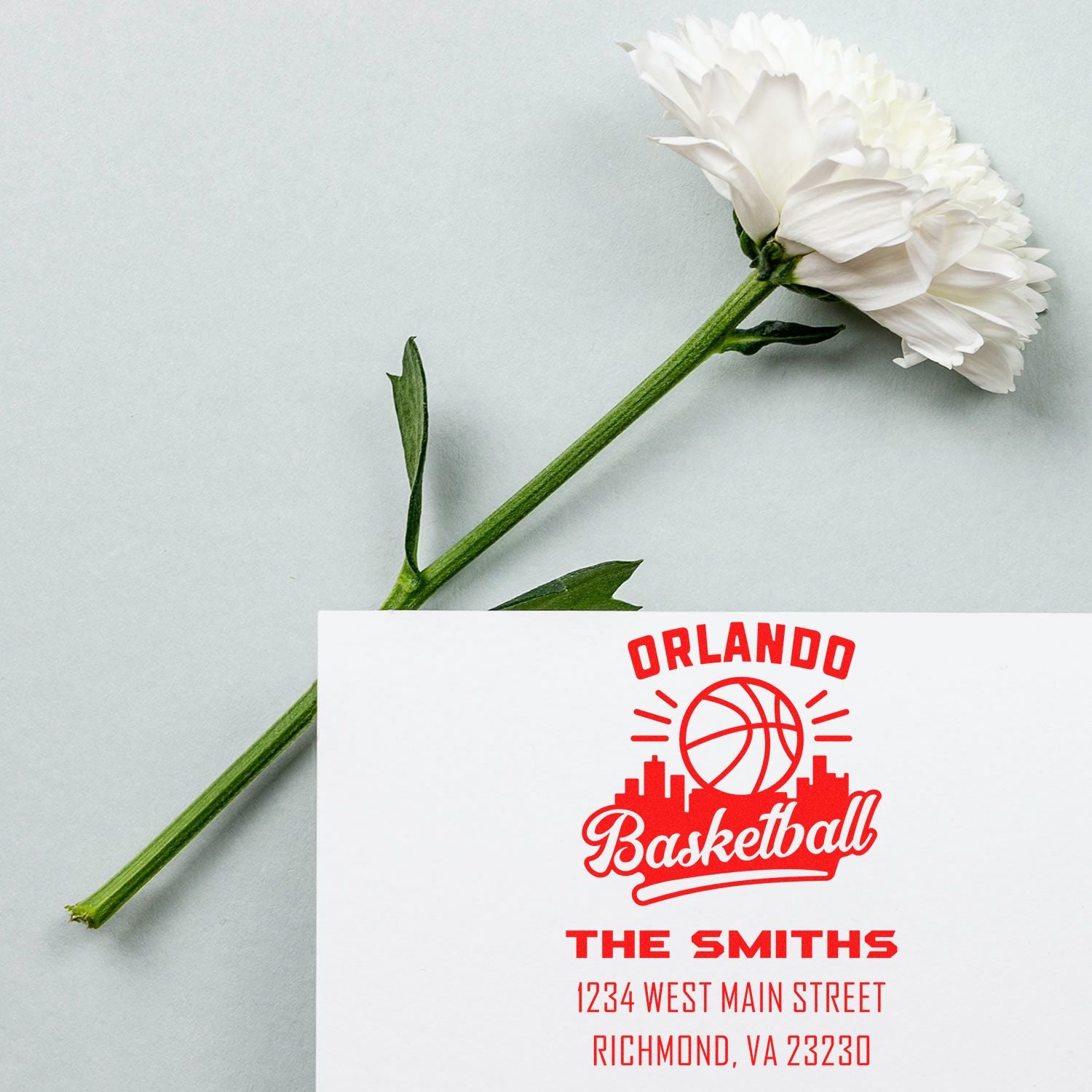 Custom basketball return address rubber stamp for The Smiths, featuring Orlando design and Richmond, VA address.