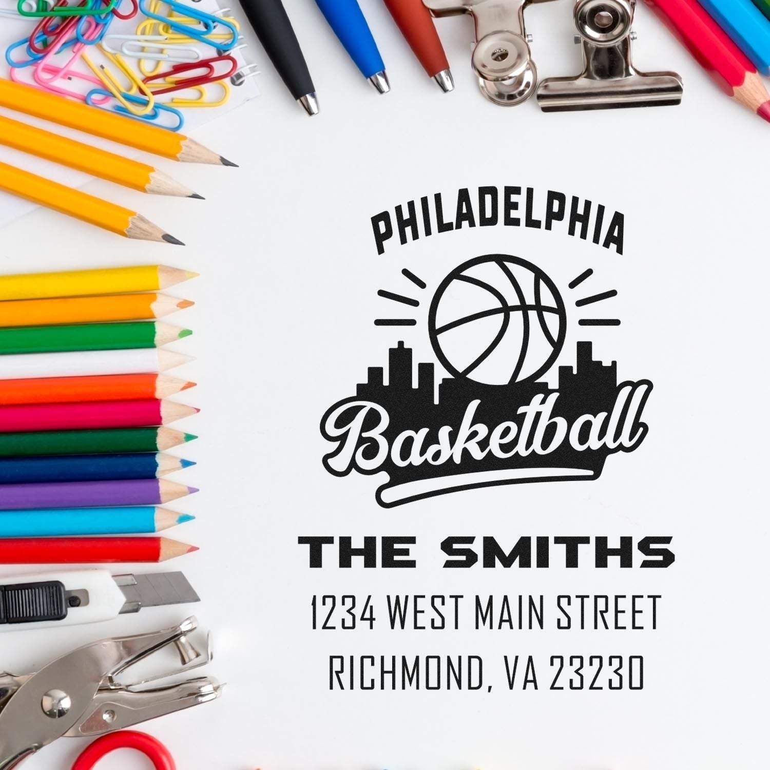 Custom basketball rubber stamp for The Smiths, featuring Philadelphia skyline and address for personalized stationery.