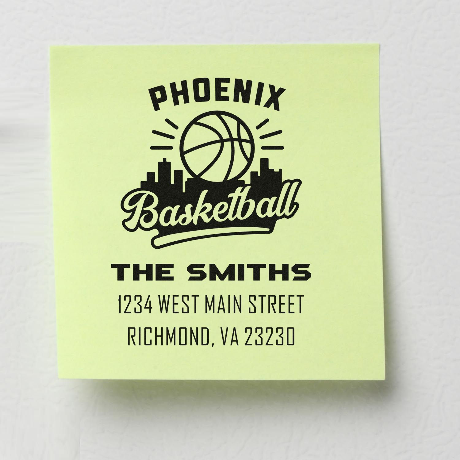 Custom Phoenix Basketball return address rubber stamp for The Smiths, Richmond, VA 23230.