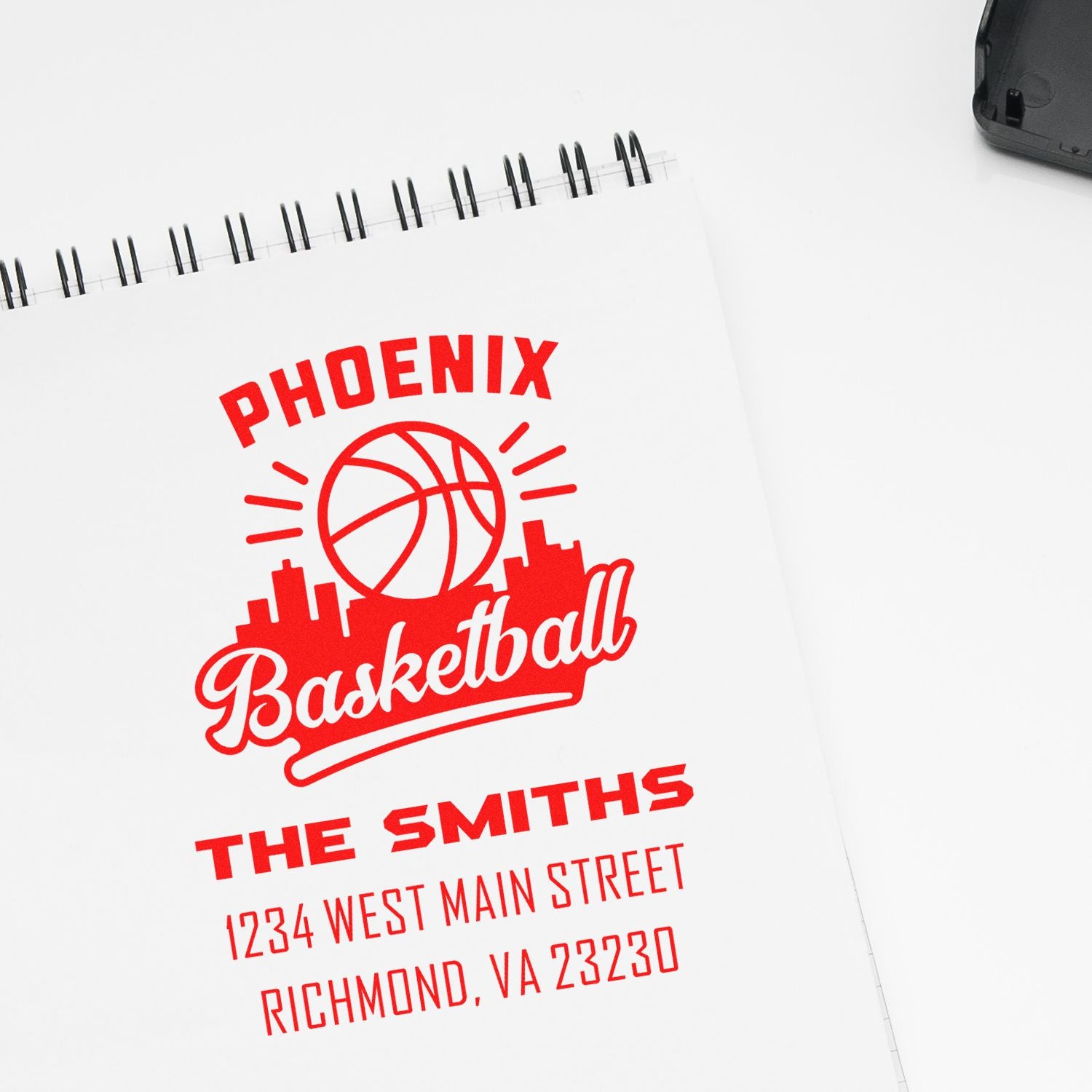 Custom basketball rubber stamp for Phoenix Basketball The Smiths, with Richmond, VA address.