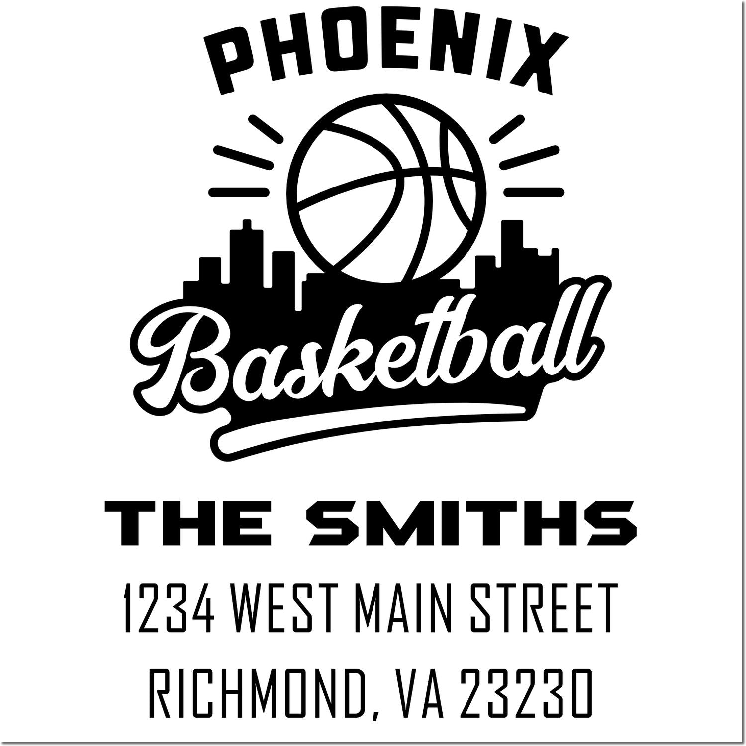Custom Phoenix Basketball return address rubber stamp for The Smiths, 1234 West Main Street, Richmond, VA 23230.