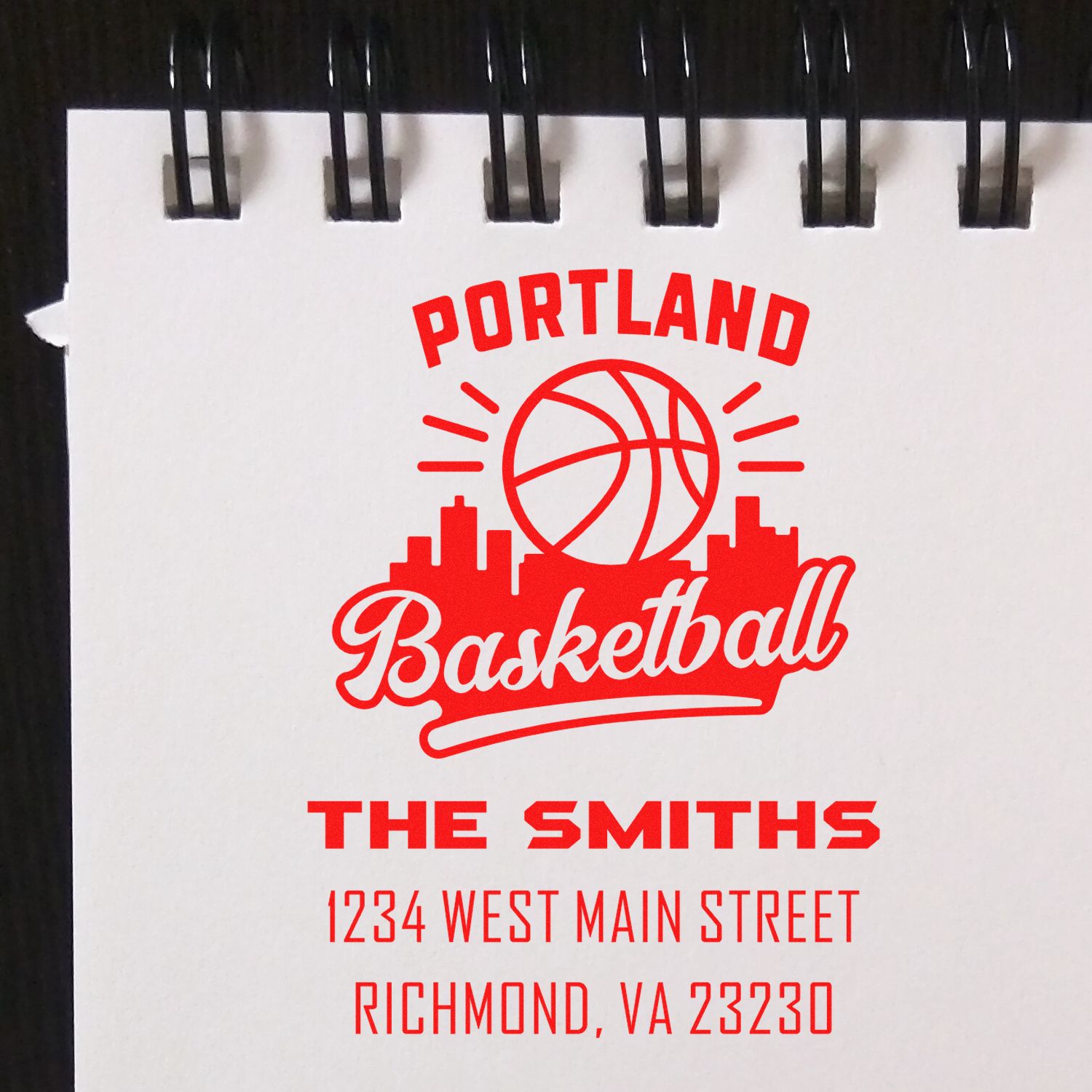 Custom Portland Basketball rubber stamp with The Smiths name and Richmond, VA address for personalized business branding.