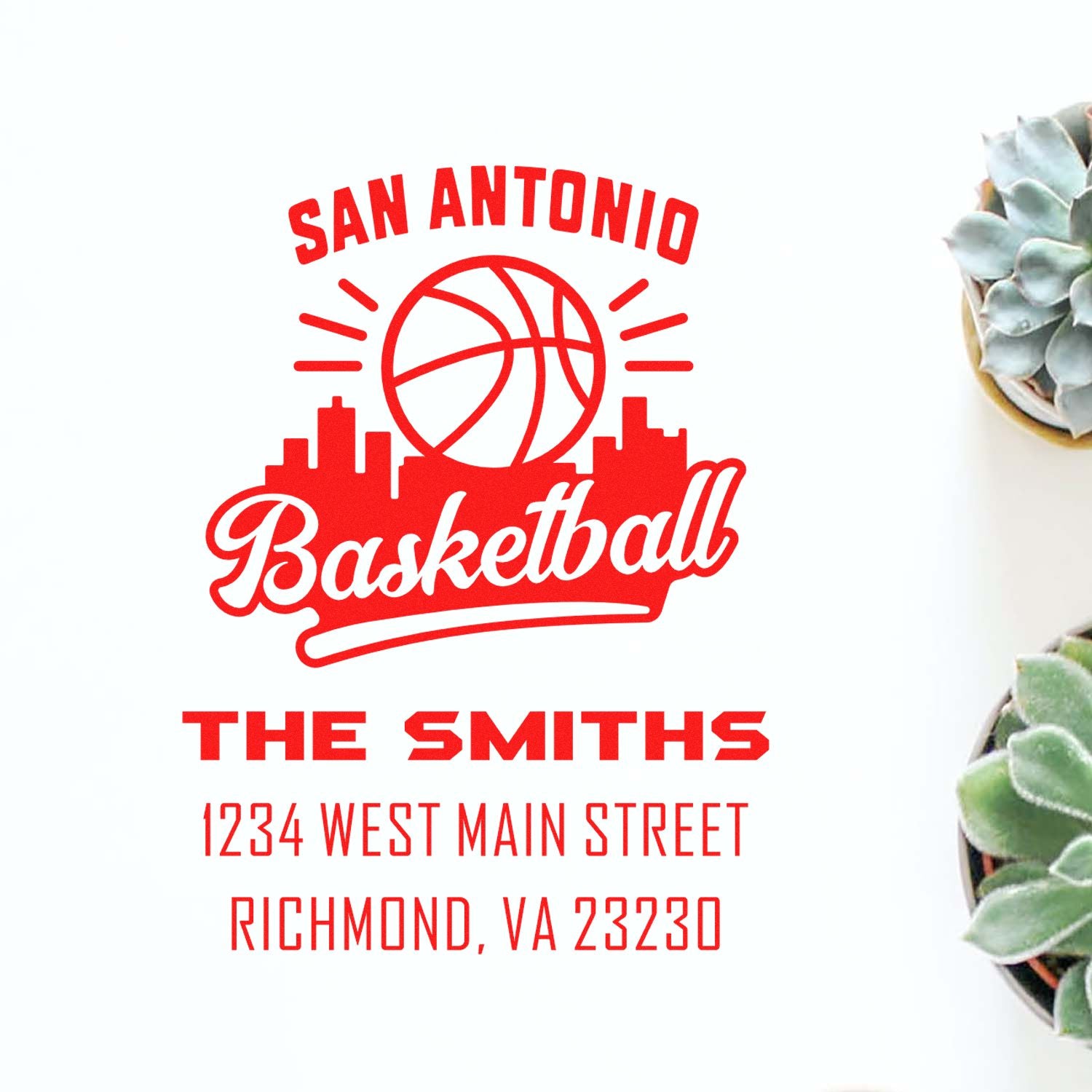 Custom San Antonio basketball rubber stamp with The Smiths name and Richmond, VA address for personalized mail and stationery.