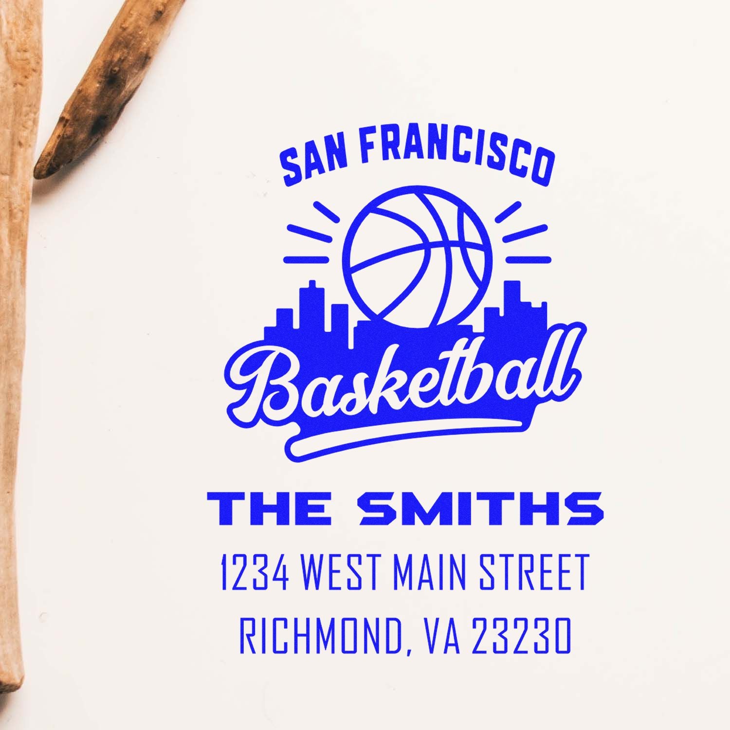 Custom basketball rubber stamp for The Smiths, with San Francisco skyline and address for personalized business branding.