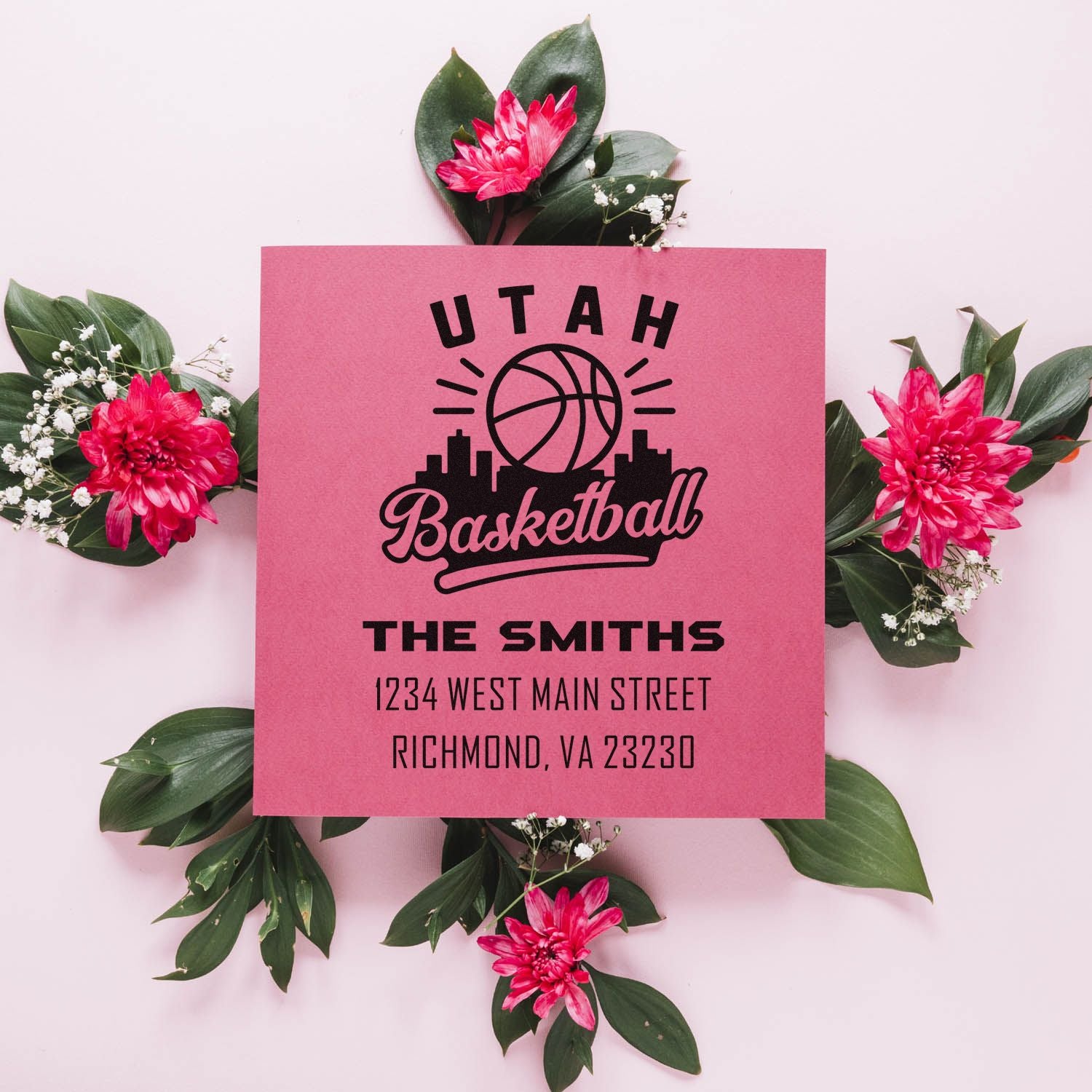 Personalized Utah Basketball rubber stamp design with The Smiths' name and address for custom stationery.