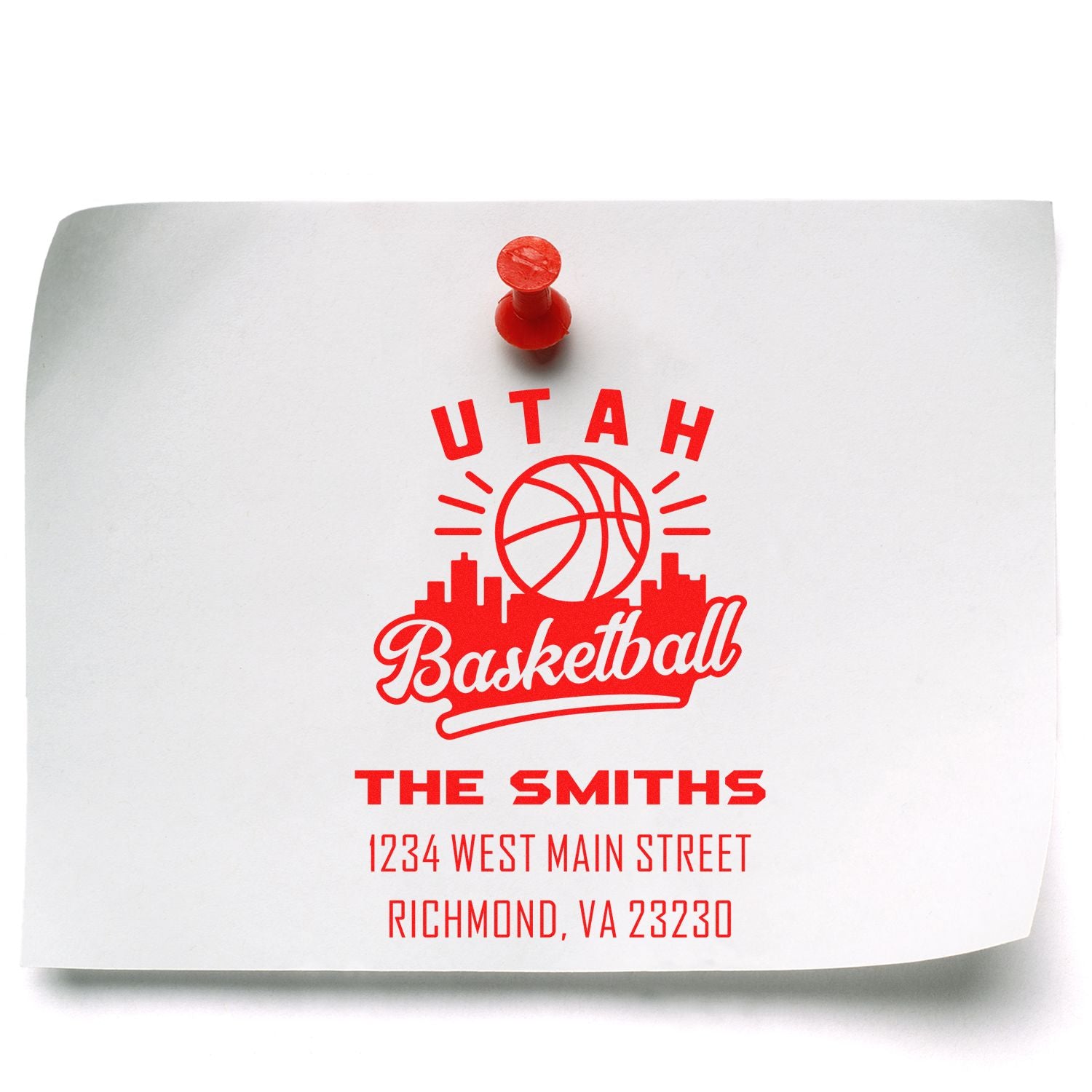 Personalized Utah Basketball return address rubber stamp for The Smiths, with custom address imprint on white paper.