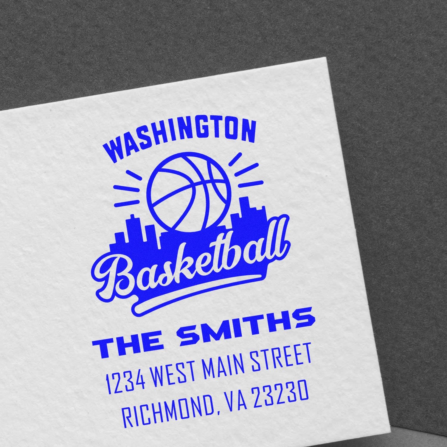 Custom basketball rubber stamp for The Smiths, Washington, with skyline and Richmond, VA address.