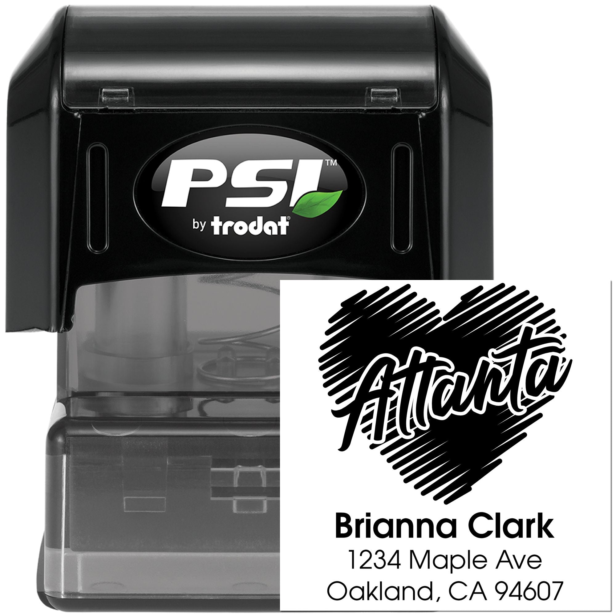 PSI by Trodat self-inking rubber stamp with custom Aloha address imprint for Brianna Clark, Oakland, CA.