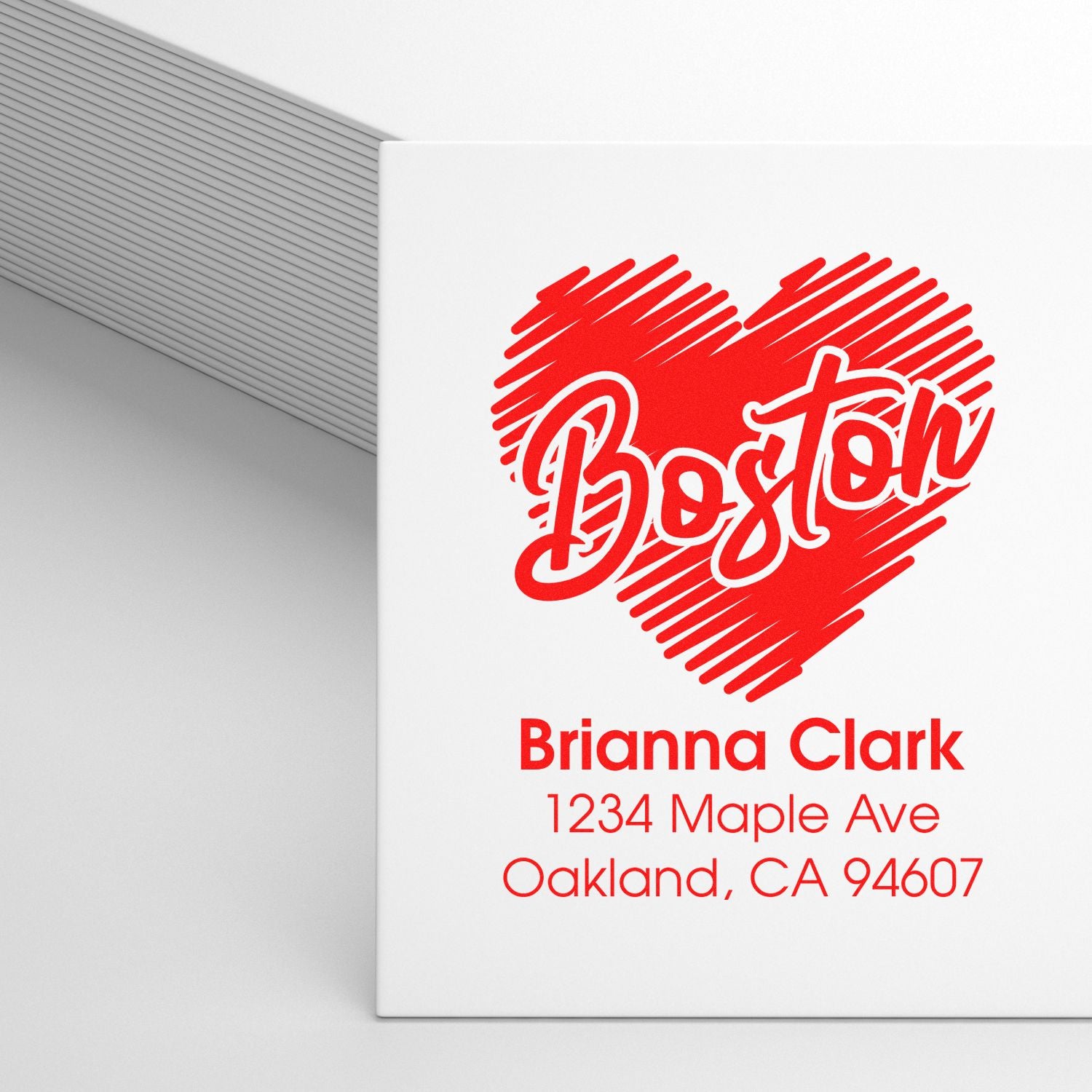 Custom Boston heart return address rubber stamp for Brianna Clark, Oakland, CA mailings.