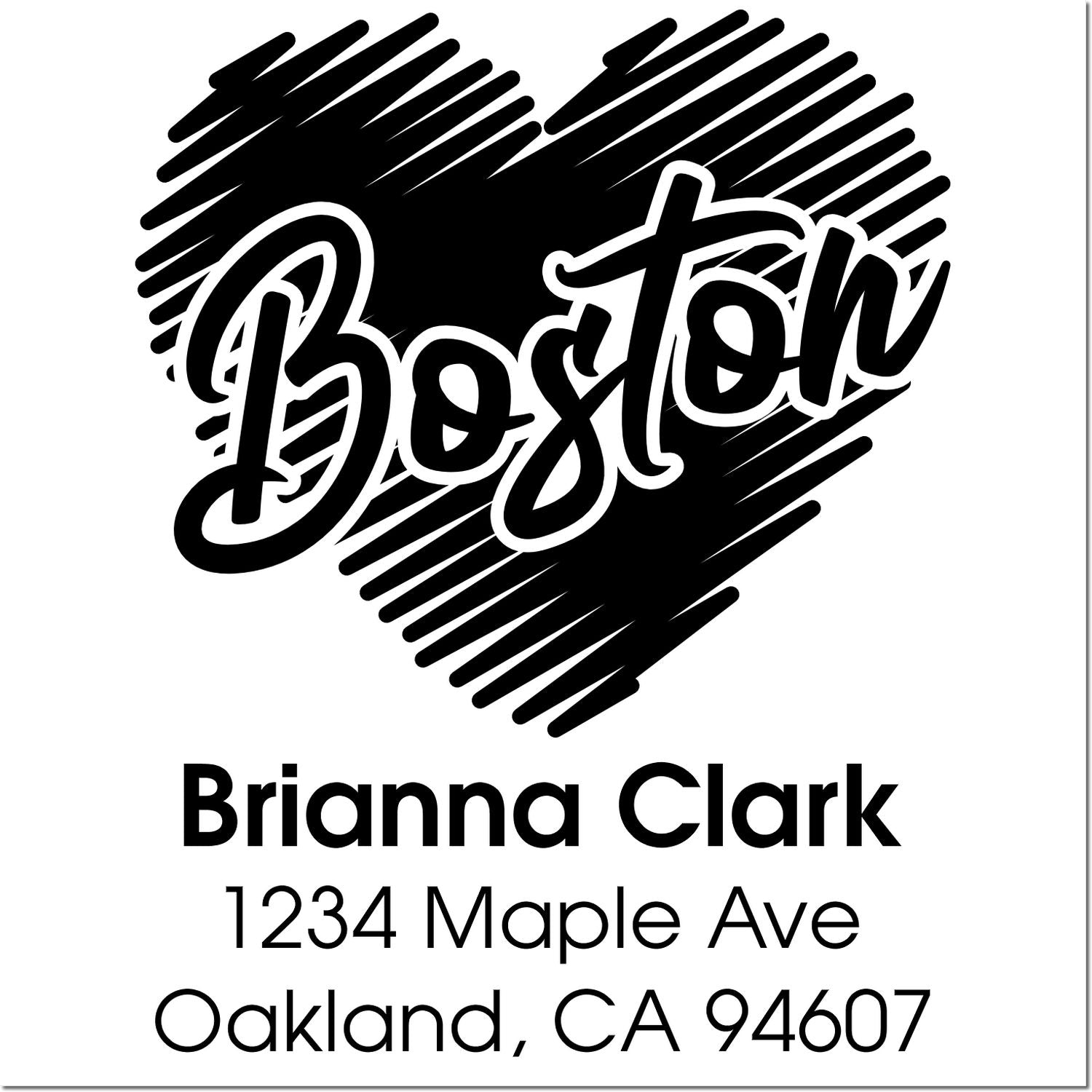 Personalized Boston heart address rubber stamp for Brianna Clark, 1234 Maple Ave, Oakland, CA 94607.