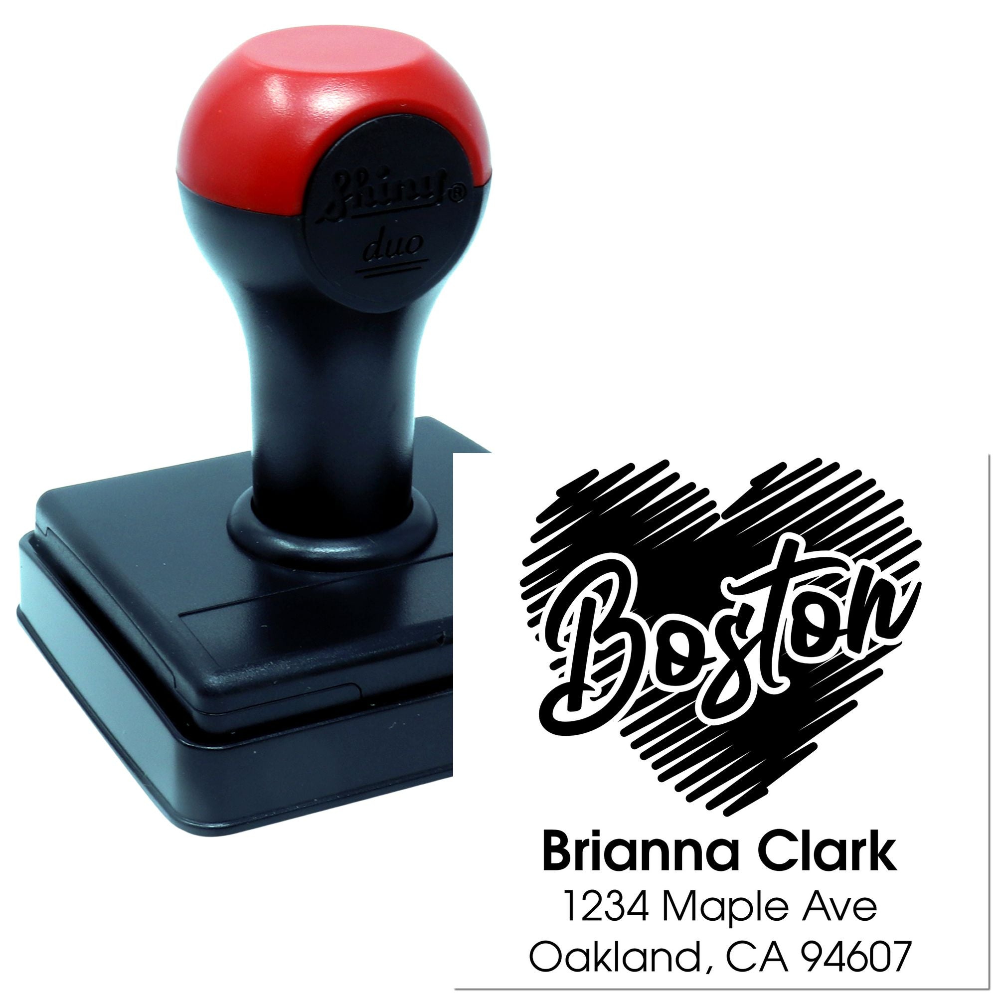 Custom self-inking return address rubber stamp for Boston, featuring Brianna Clark and address.