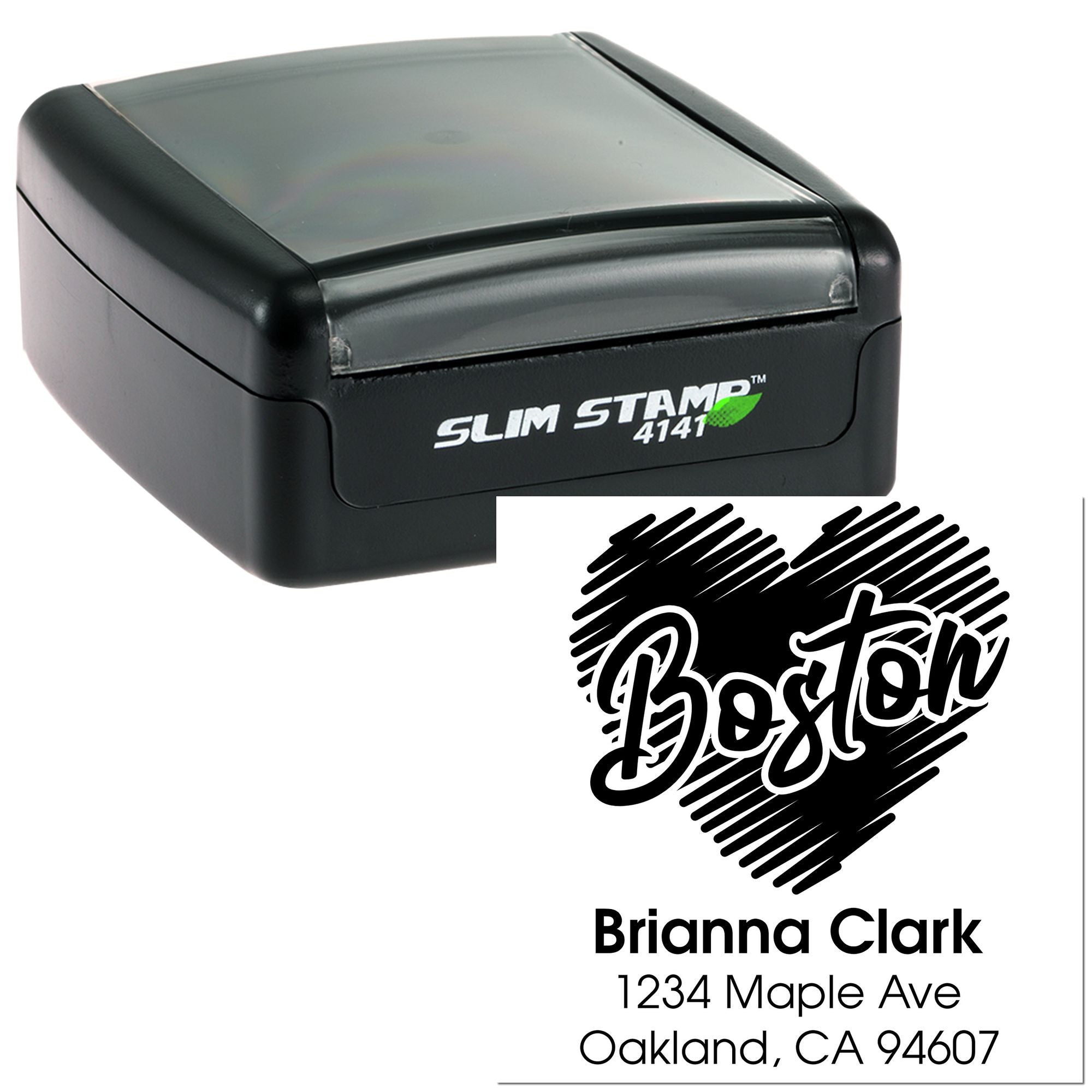 Custom self-inking rubber stamp with Boston design and Brianna Clark address, Slim Stamp 4141 personalized return address stamp.