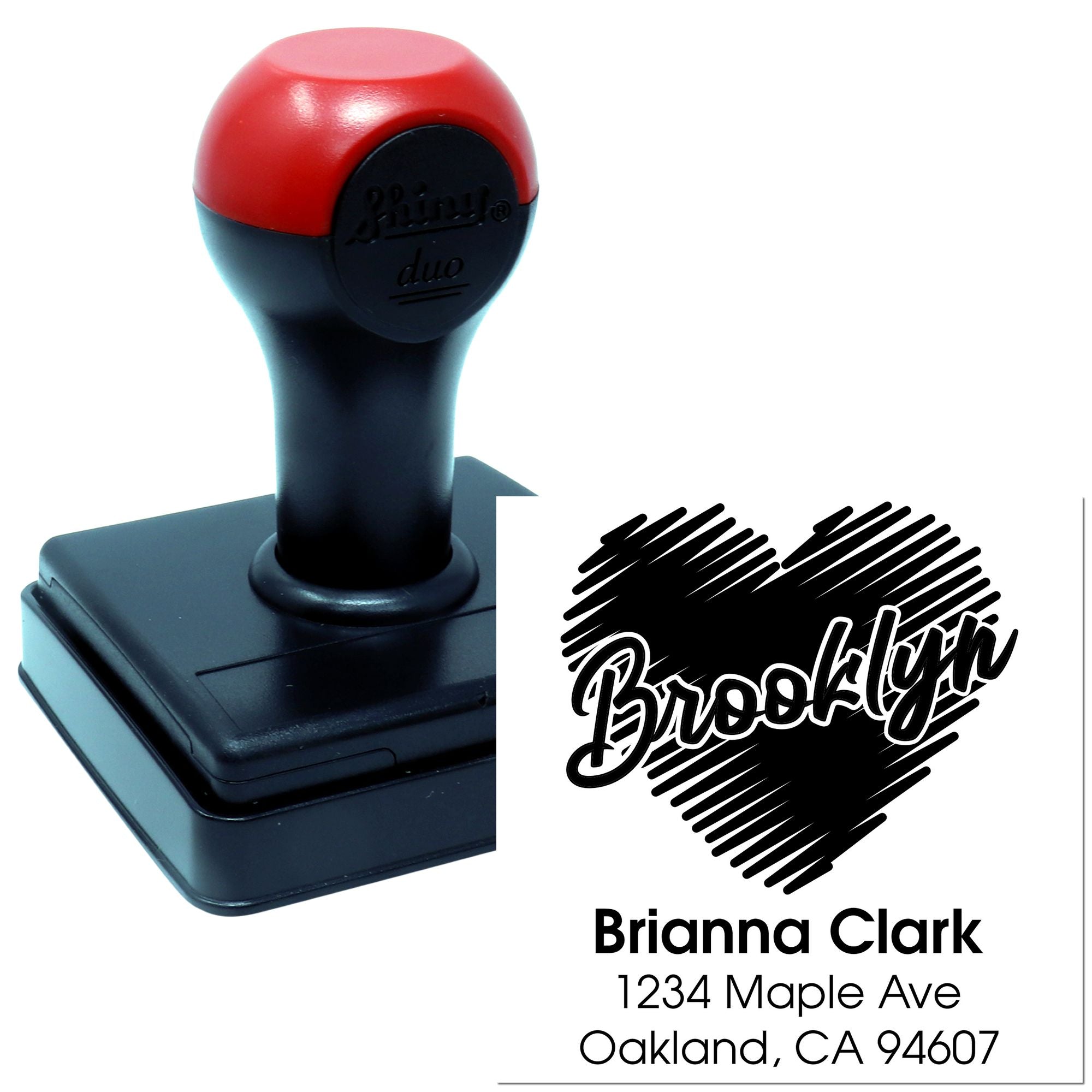 Custom self-inking return address rubber stamp with Brooklyn design for Brianna Clark.