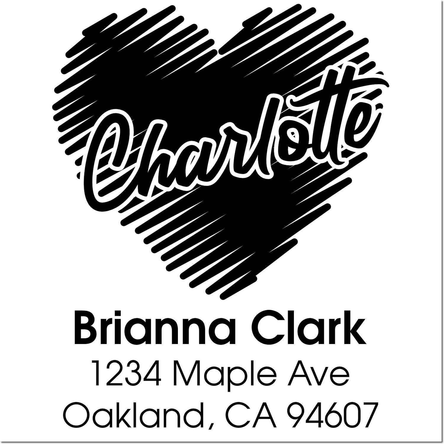 Custom heart-shaped rubber address stamp for Brianna Clark, 1234 Maple Ave, Oakland, CA 94607.