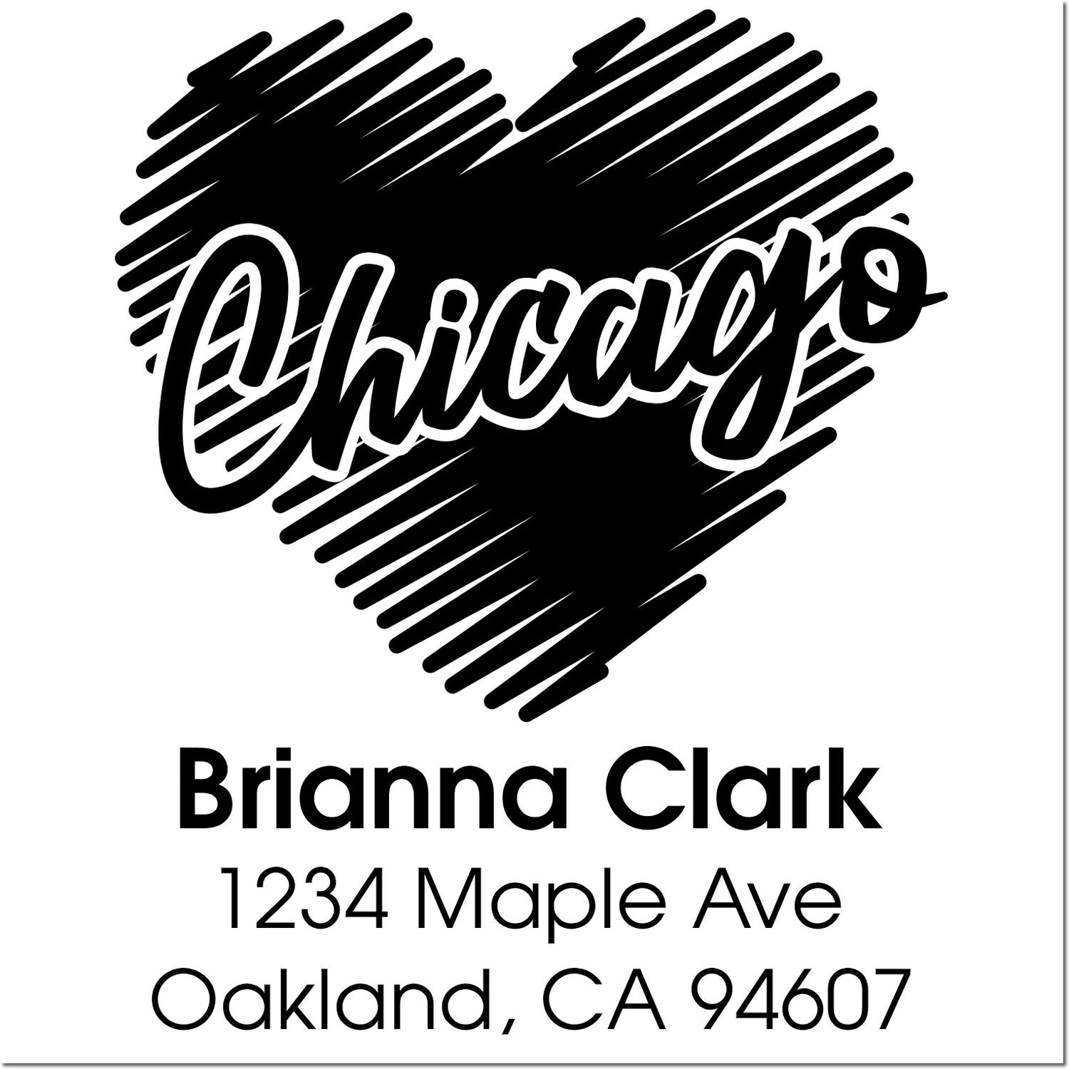 Custom address rubber stamp with heart graphic, Chicago script, and Brianna Clark return address, Oakland, CA 94607.