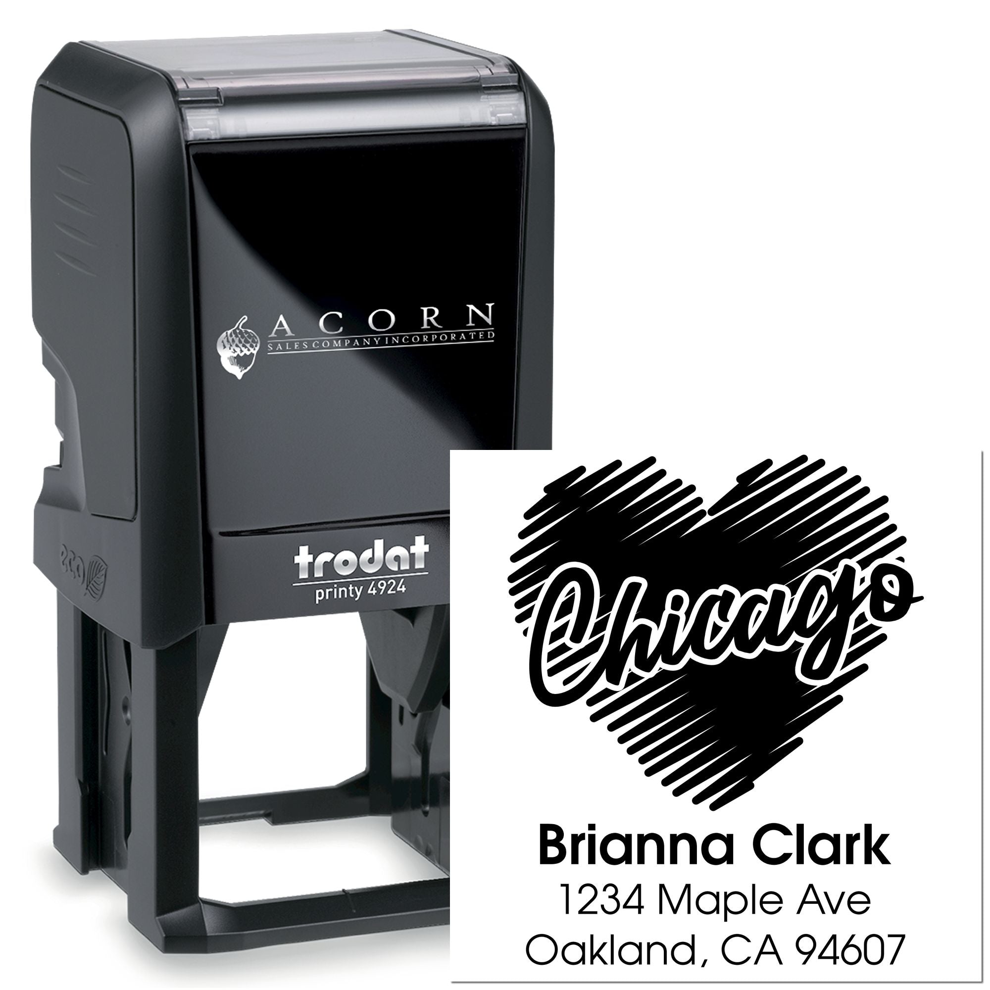 Custom self-inking address rubber stamp with name and Chicago return address, ideal for business mailings.