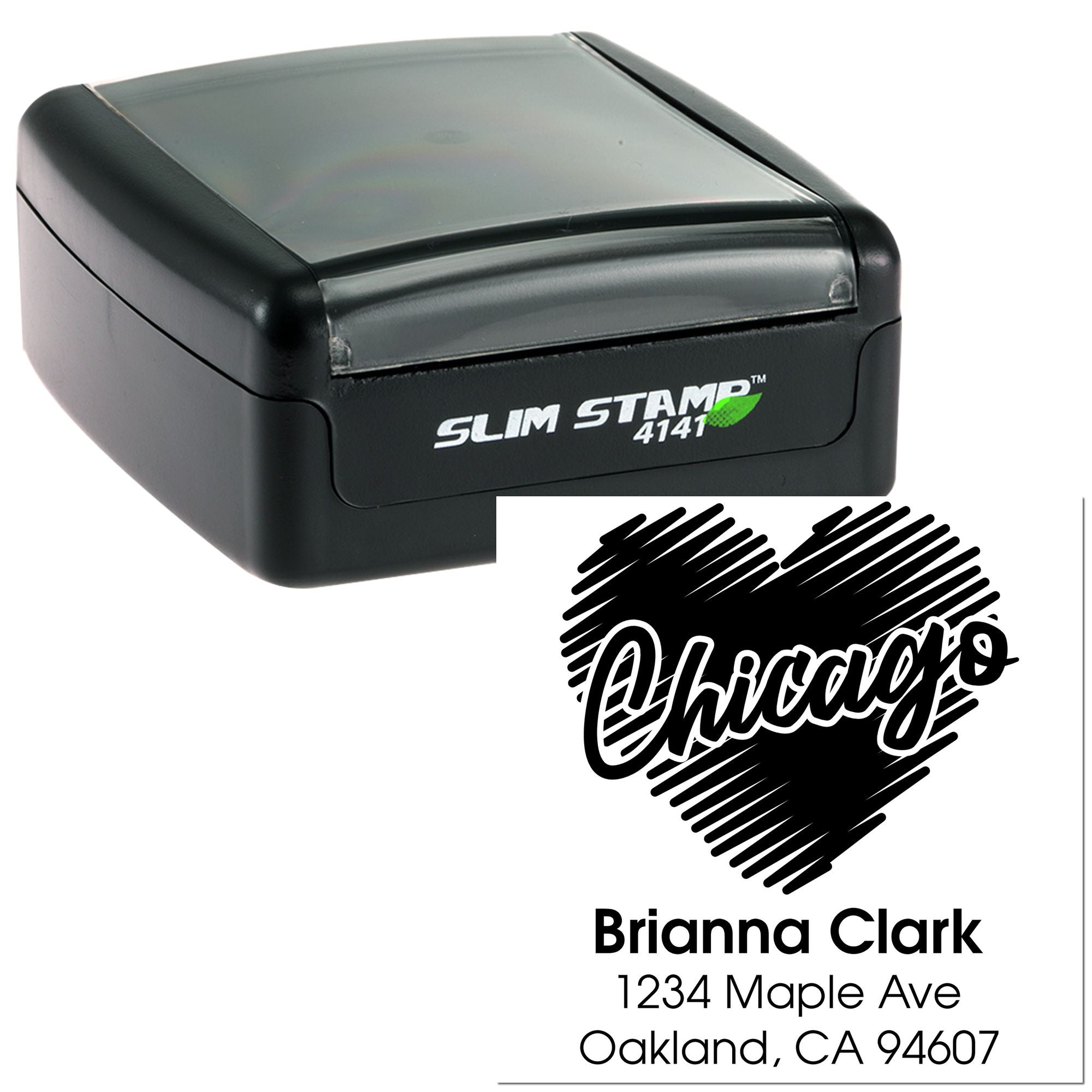 Custom self-inking return address rubber stamp with Chicago logo and name/address imprint.