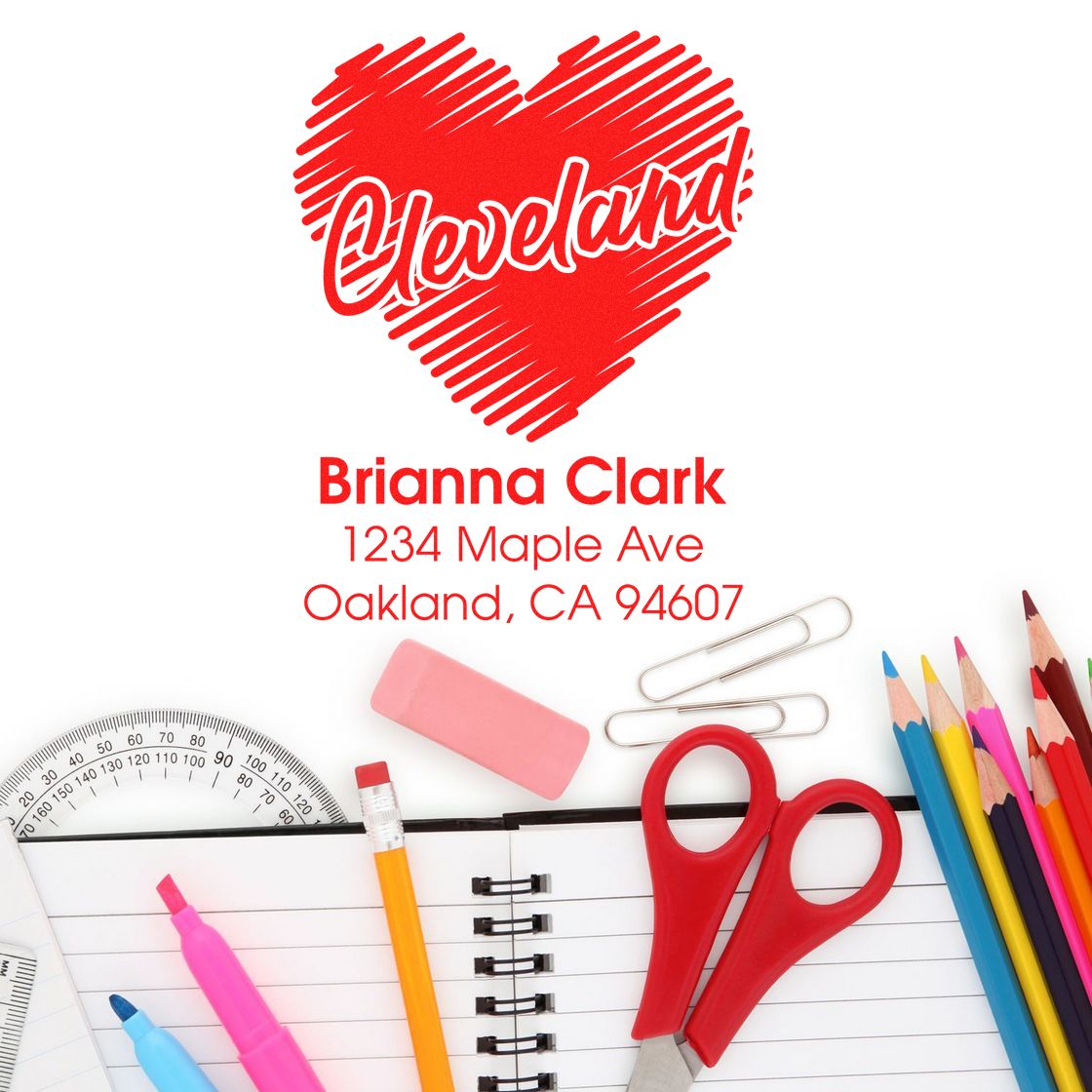Personalized Cleveland heart return address rubber stamp for Brianna Clark, Oakland, CA 94607.