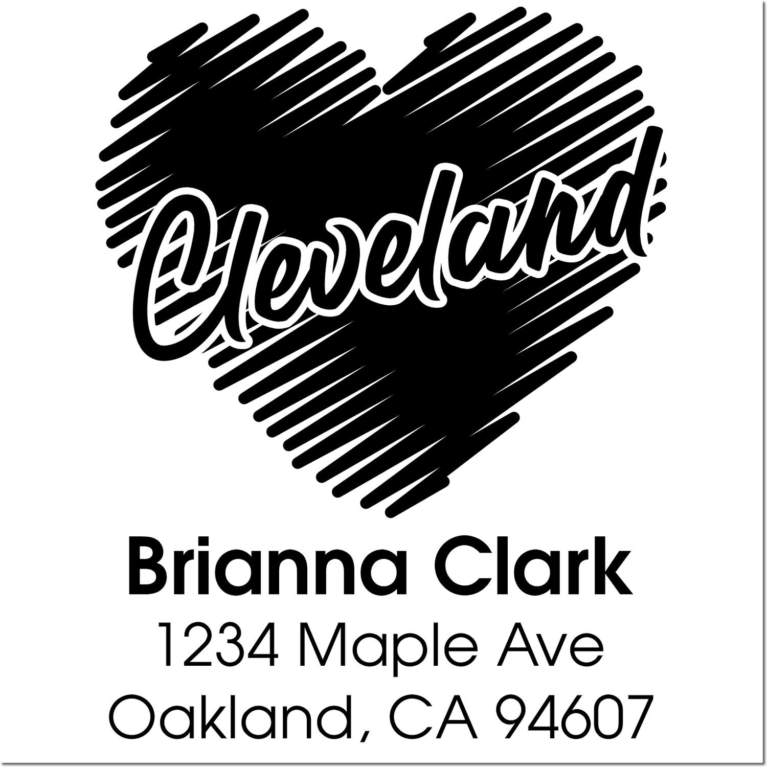Custom address rubber stamp with heart design, Brianna Clark, 1234 Maple Ave, Oakland, CA 94607.