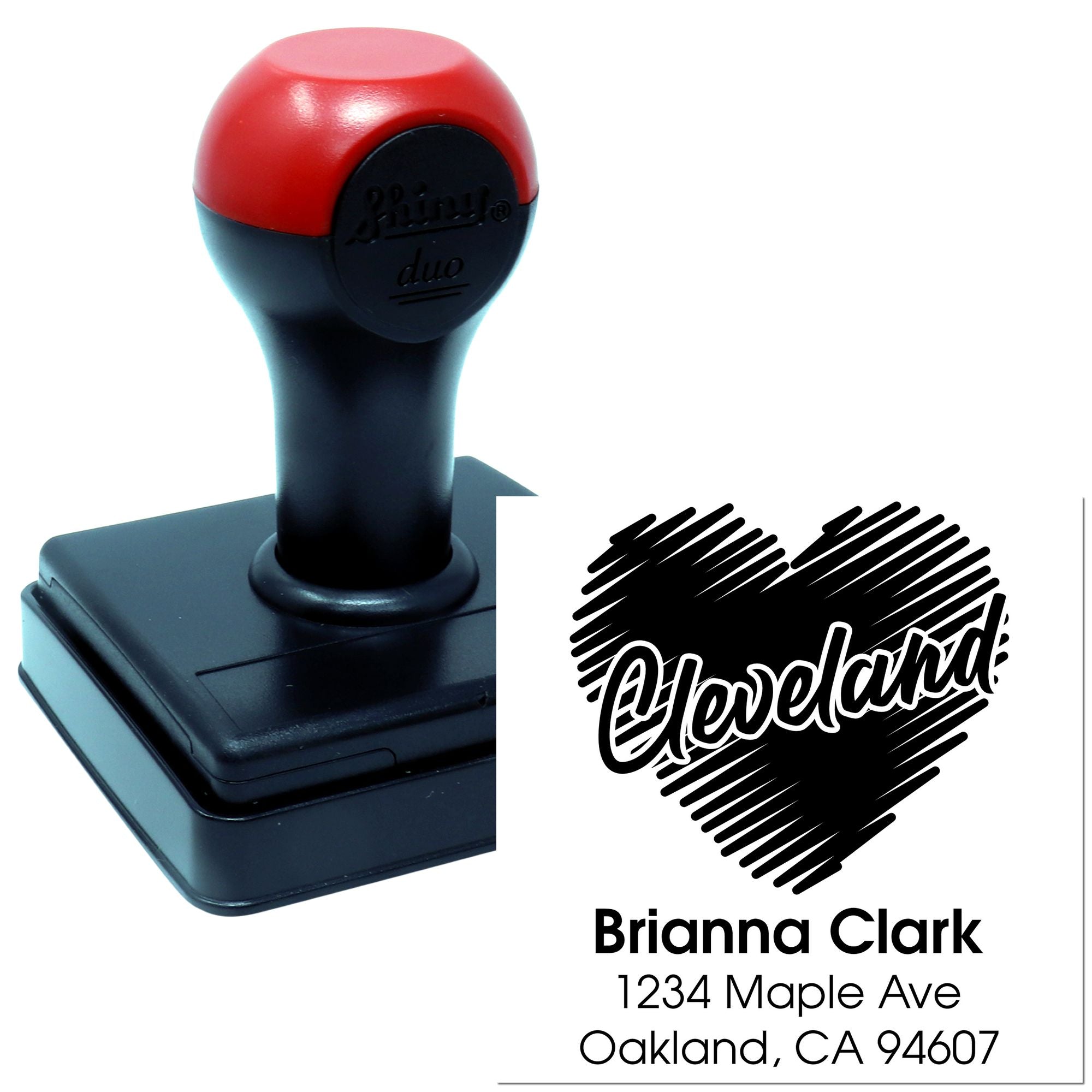 Custom self-inking rubber stamp with personalized logo, name, and address for business branding