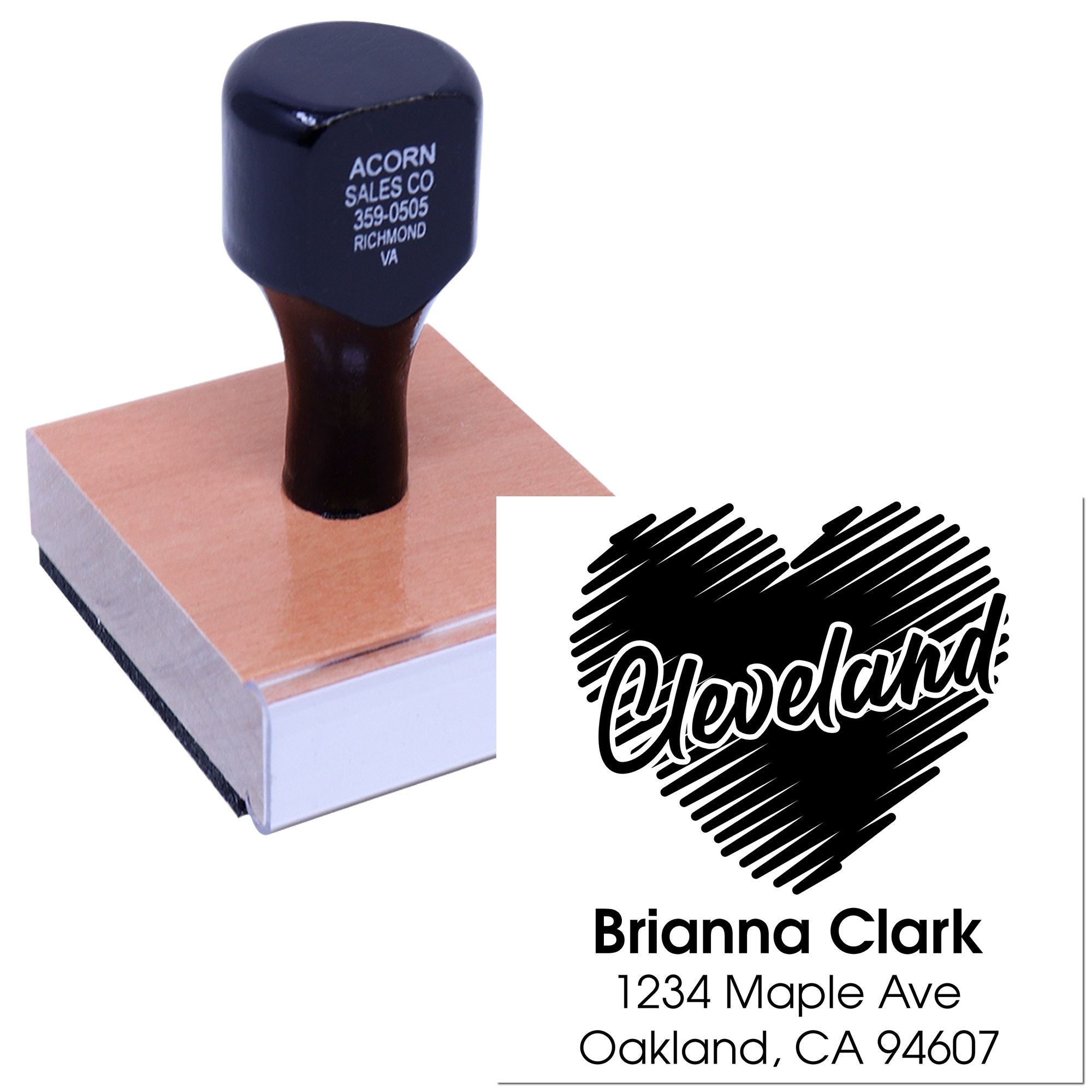 Custom return address rubber stamp with wood handle, featuring personalized name and address design for mailing and branding.
