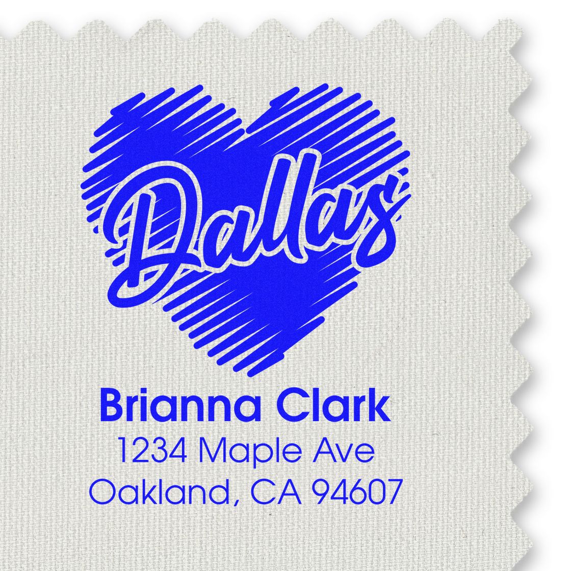 Custom Dallas rubber stamp design with blue heart logo and return address for Brianna Clark, Oakland, CA 94607.