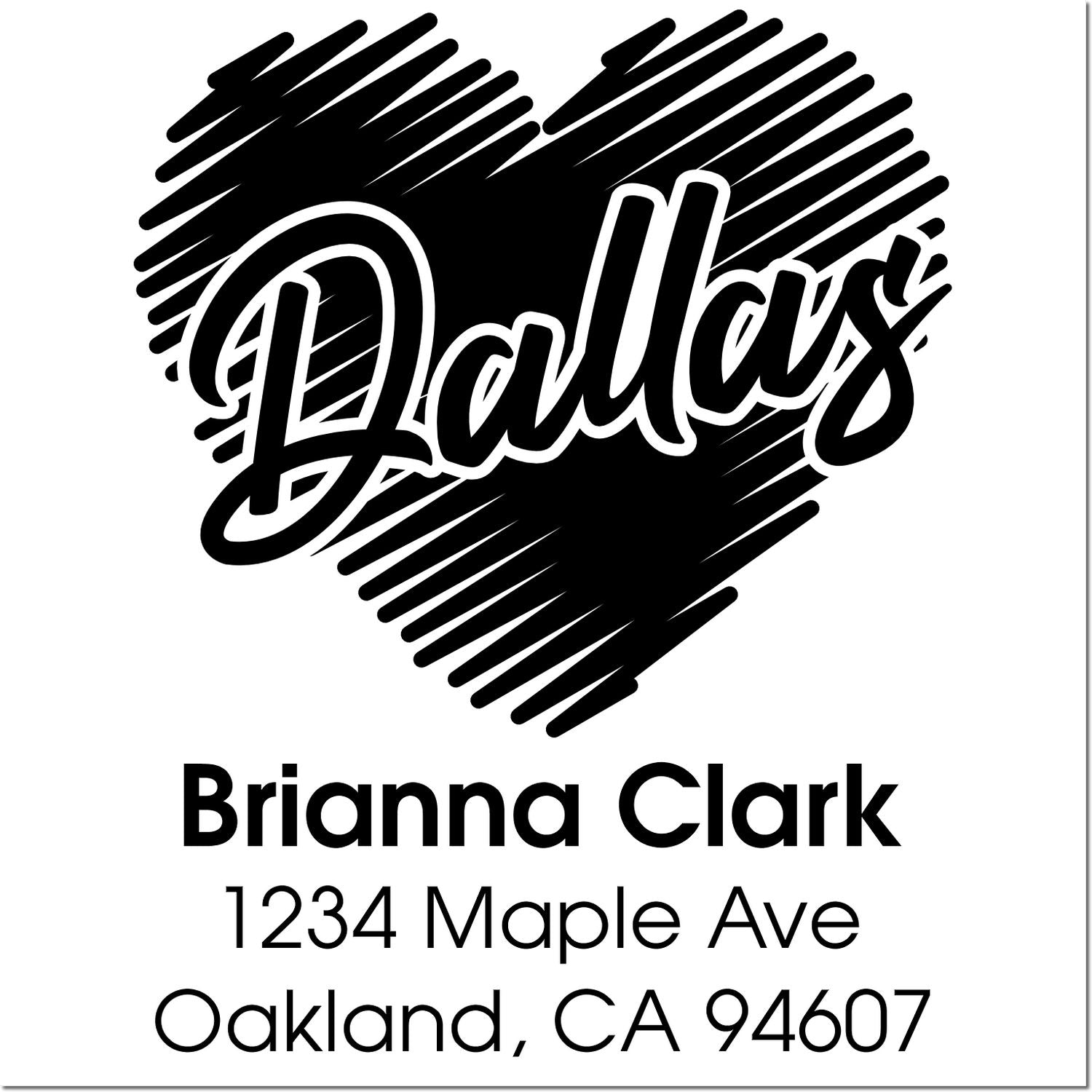 Custom Dallas heart return address rubber stamp for Brianna Clark, 1234 Maple Ave, Oakland, CA 94607.